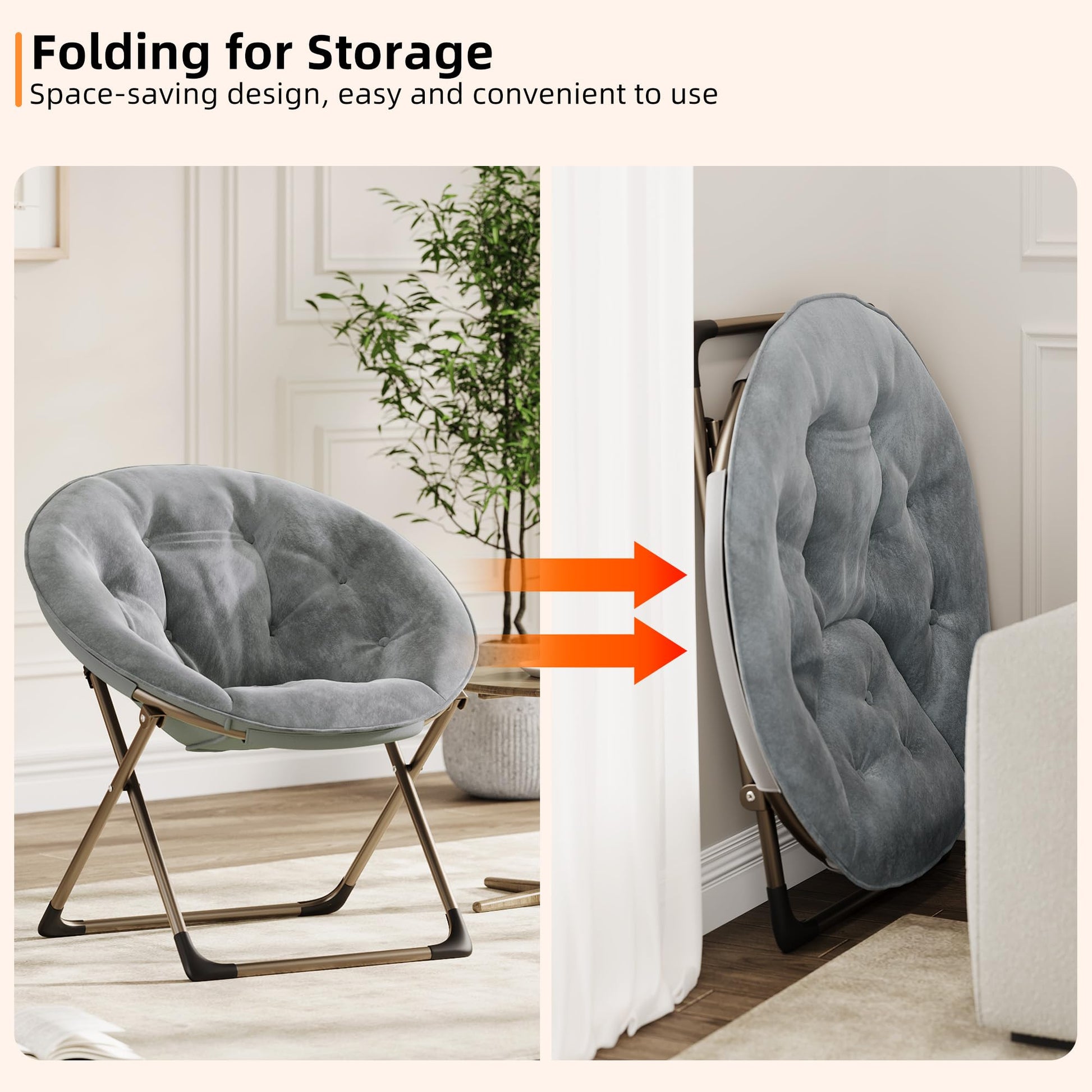 Sedia a forma di luna Garvee Saucer Chair con struttura in metallo pieghevole, fiore di peluche oversize, comoda e stabile per camera da letto e soggiorno, grigio