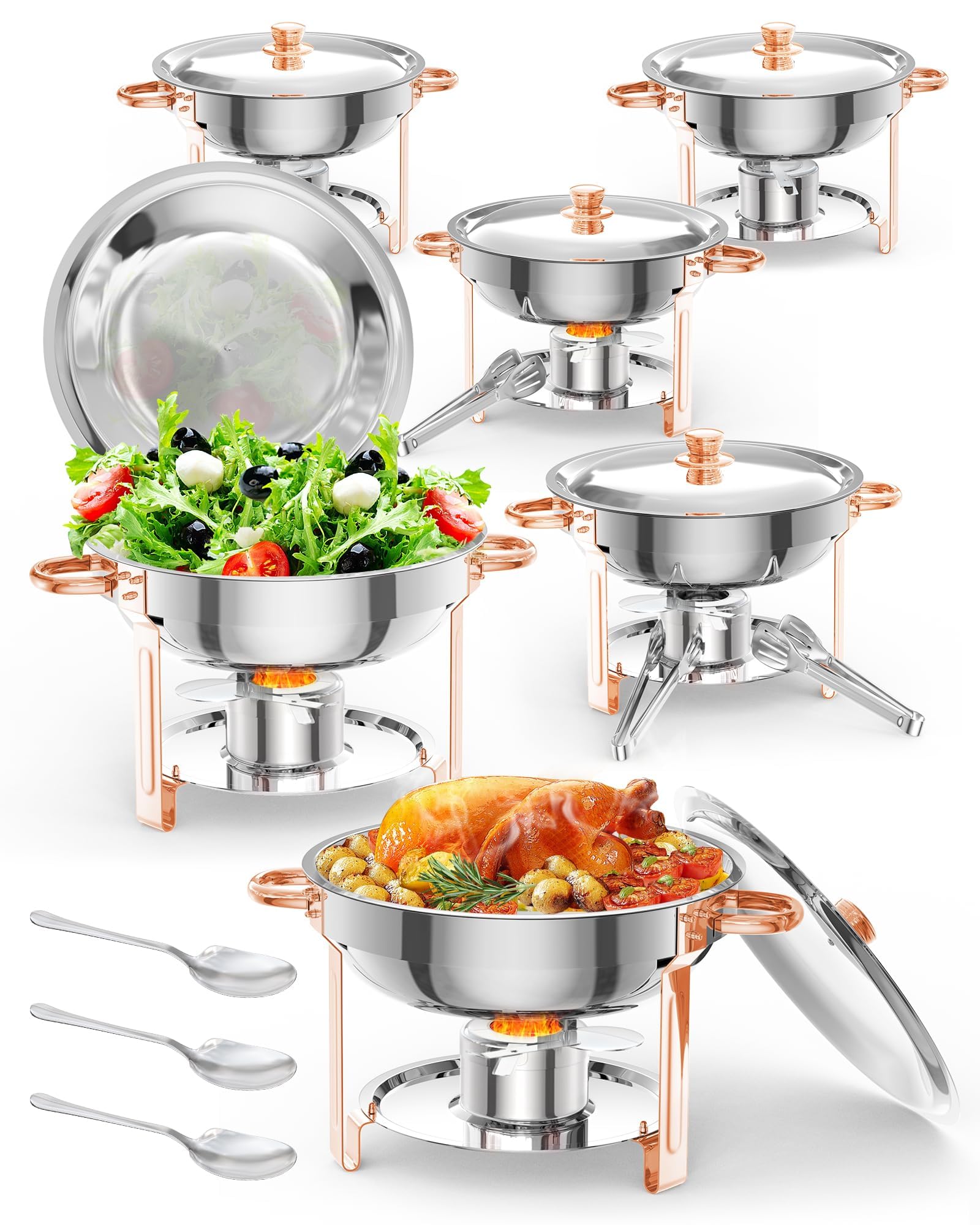 Chafing Dishes rotondi Garvee, set da 6, 5QT, posate da buffet in acciaio inossidabile, scaldavivande con coperchi, cucchiai, pinze per catering, feste, matrimoni, argento