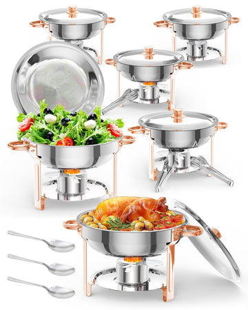Chafing Dishes rotondi Garvee, set da 6, 5QT, posate da buffet in acciaio inossidabile, scaldavivande con coperchi, cucchiai, pinze per catering, feste, matrimoni, argento