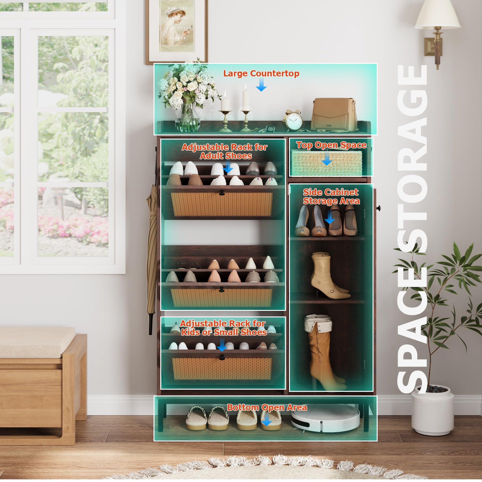 Scarpiera Garvee in rattan con 3 cassetti a scomparsa, ripiani regolabili, MDF, gambe in metallo, per corridoio e ingresso, grande, colore naturale