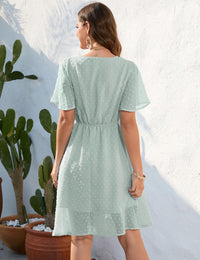 Garvee Donna Elegante Mini Abito con Vita Alta, Scollo a V, Maniche Corte, Abito da Spiaggia a Trapezio, Balza in Tulle, Verde, XXL