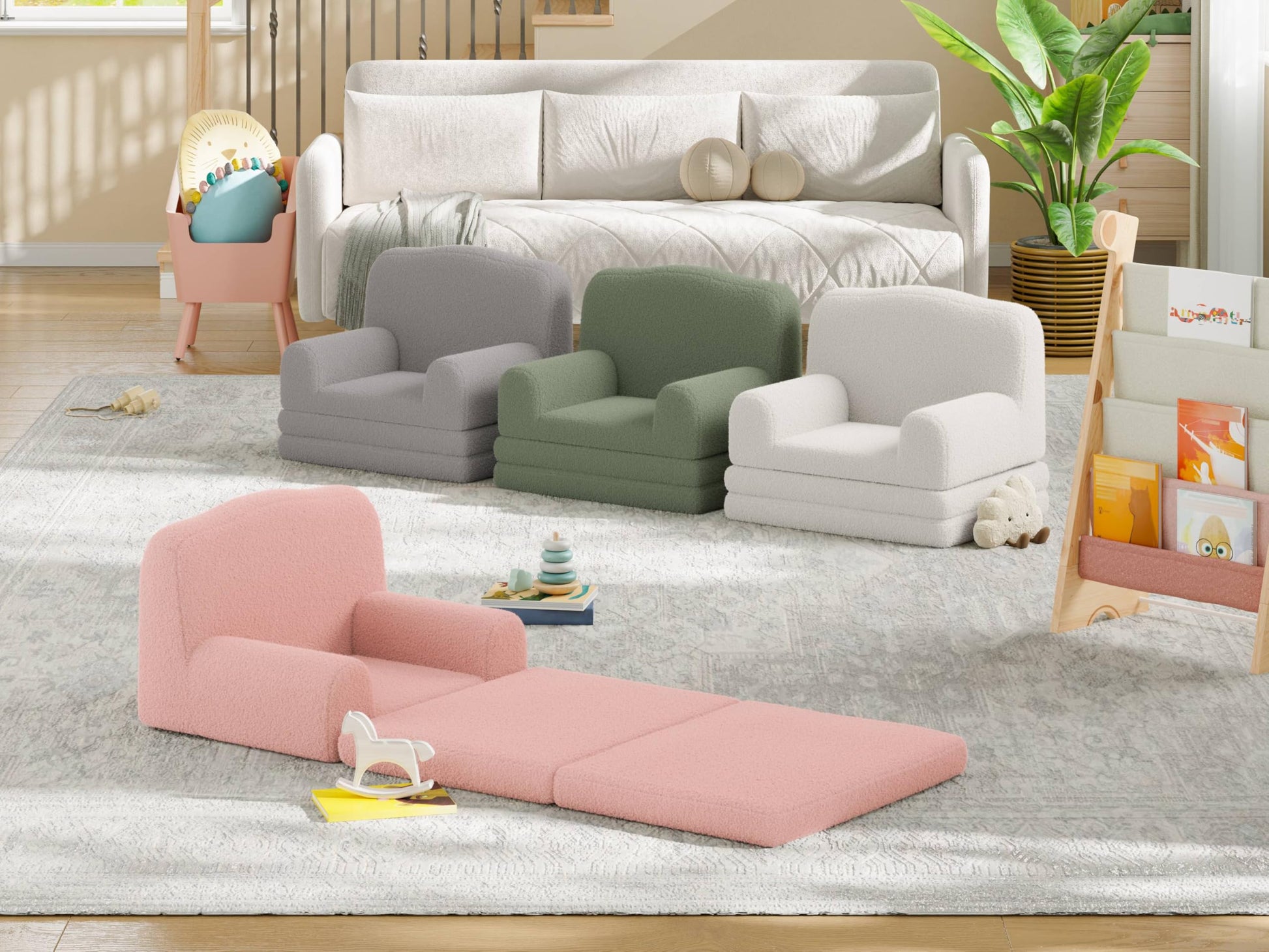 Divano per bambini Garvee, poltrona Sherpa reversibile con fodera lavabile, design a corona per sala giochi e cameretta dei bambini, leggero, comodo e pieghevole.