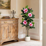 Garvee Albero Ficus Lyrata Artificiale 4FT con Fiori Magnolia, Realistico, Facile Manutenzione, Plastica e Tessuto, Vaso Bianco, Decorazione Casa Ufficio - Pink
