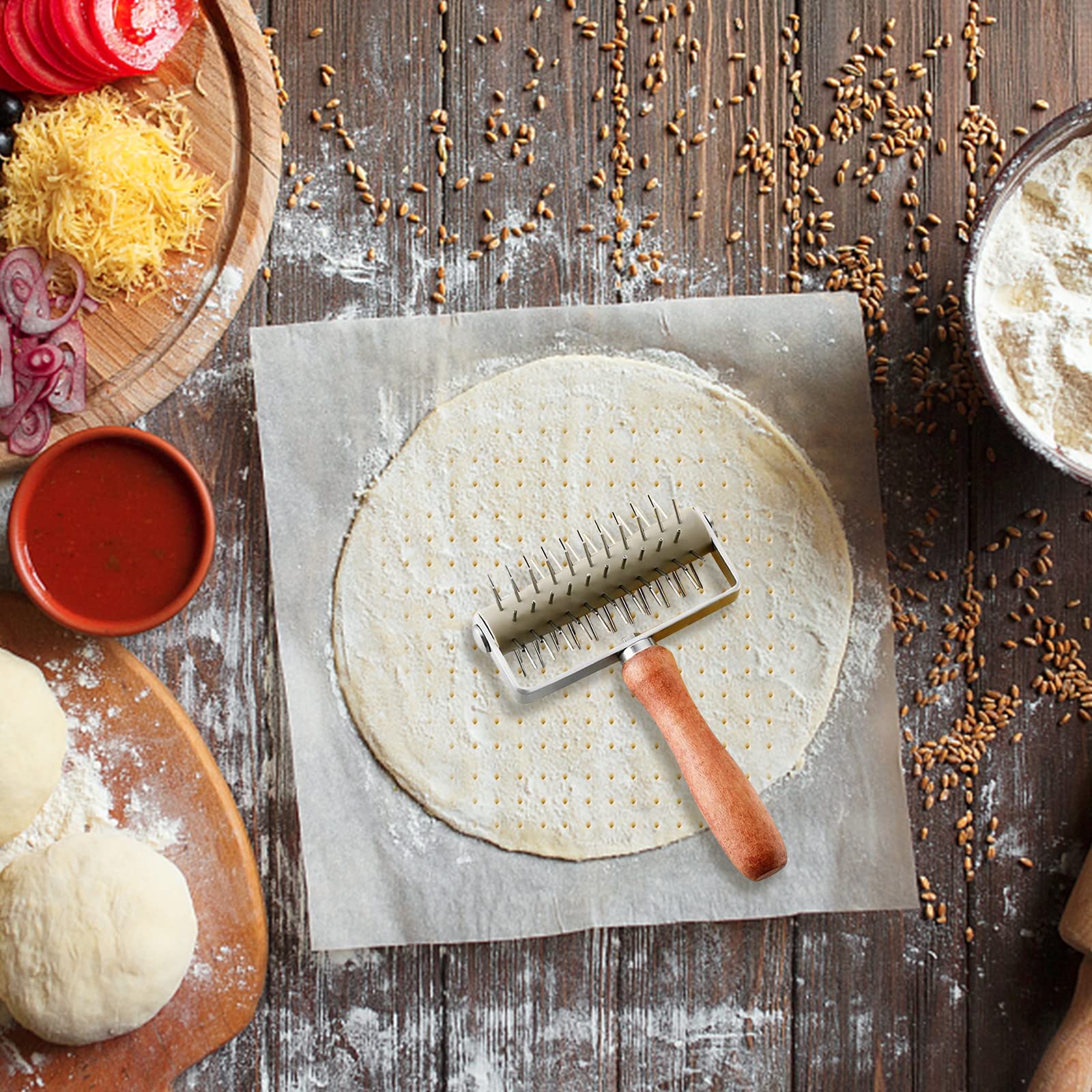 Garvee Pizza Dough Docker, perforatore per pizza in acciaio inox con manico in legno per pizzeria e panetteria, 20,5x13,3x5 cm, argento