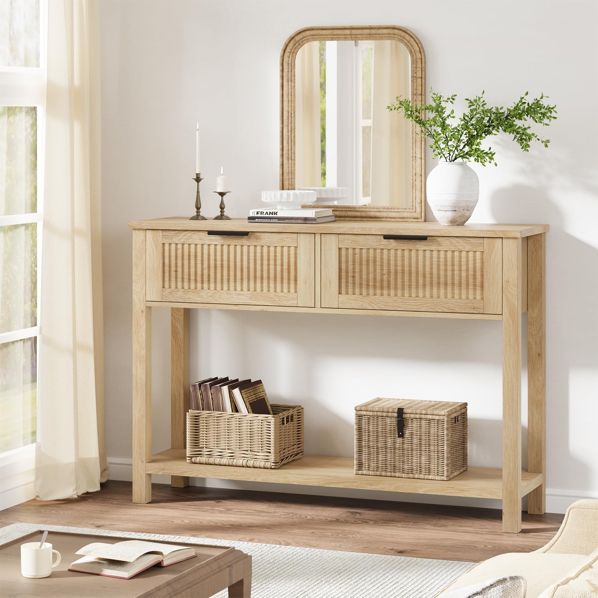 Tavolo da ingresso scanalato Garvee con 2 cassetti, consolle in legno per corridoio e soggiorno, 43,3x11,8x31,4 pollici, Burlywood