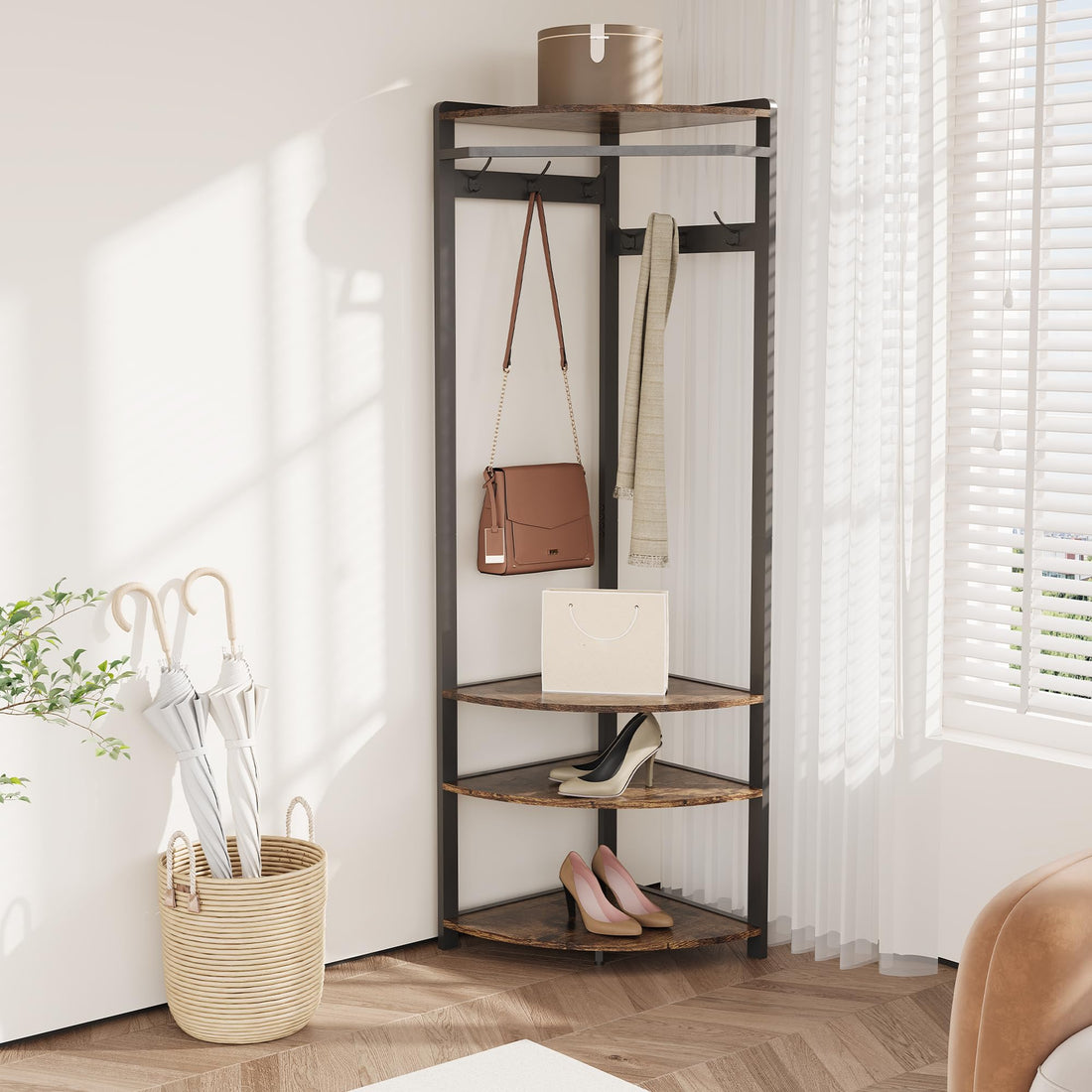 Armadio angolare Garvee con scarpiera, 6 ganci doppi, legno, robusta struttura antiribaltamento per corridoio e ingresso, salvaspazio, 70,8 pollici, marrone