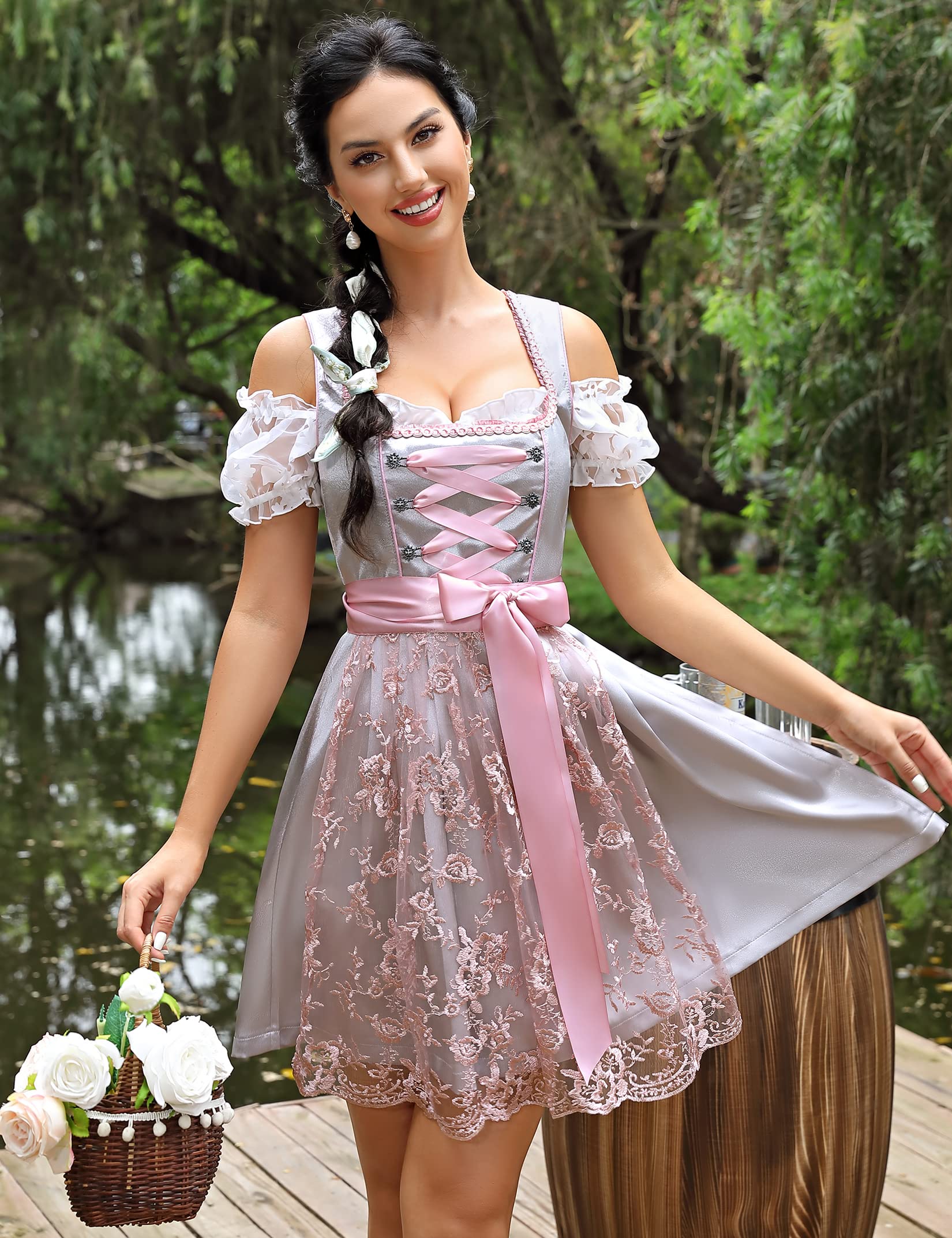 Garvee - Set Dirndl da donna, 3 pezzi, abito tradizionale corto midi con grembiule Dirndl e camicetta Dirndl per l'Oktoberfest, grigio, taglia 42