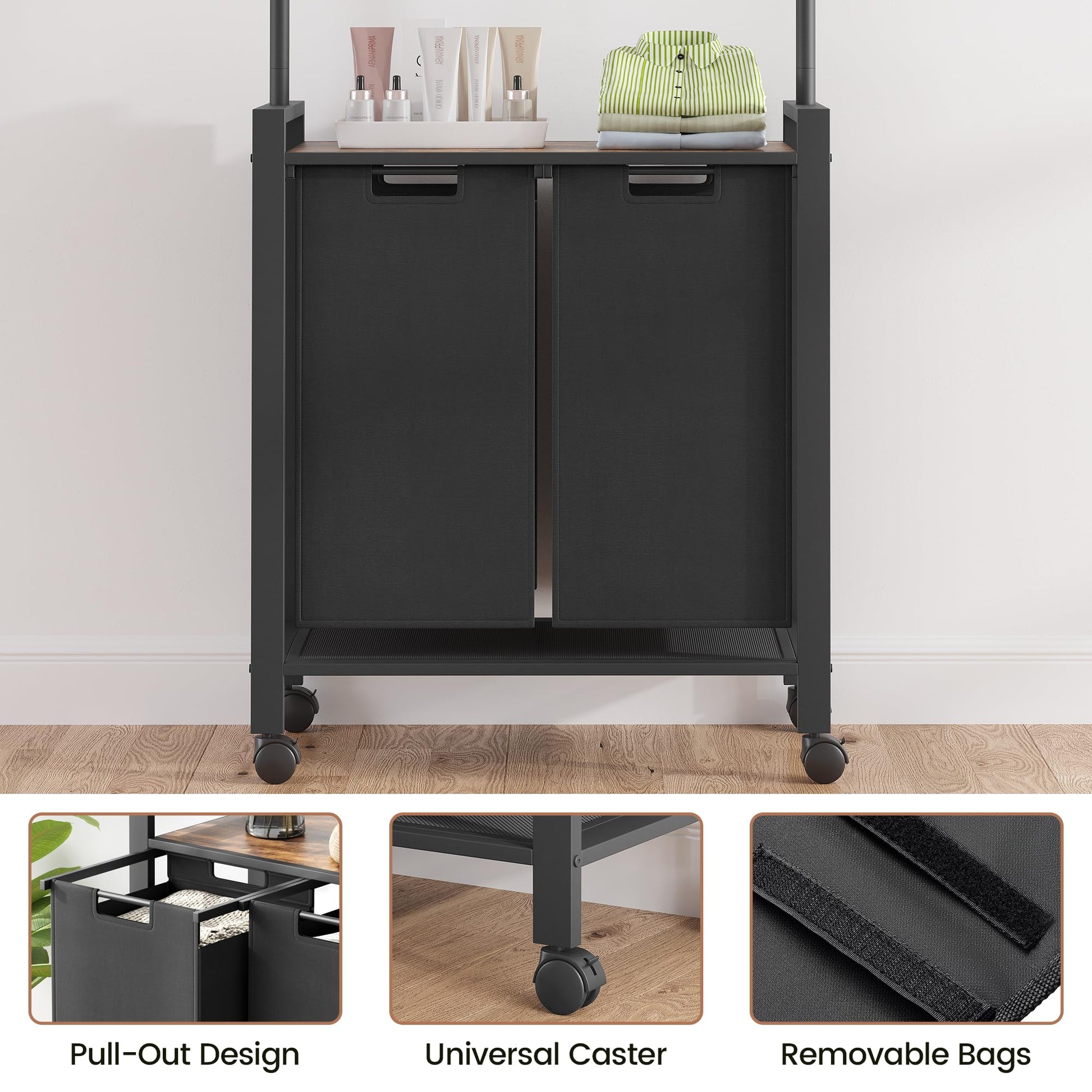 Garvee Laundry Sorter, cesto portabiancheria a 2 sezioni con asta appendiabiti e ripiano in legno per lavanderia, 2 x 49.2 L, nero