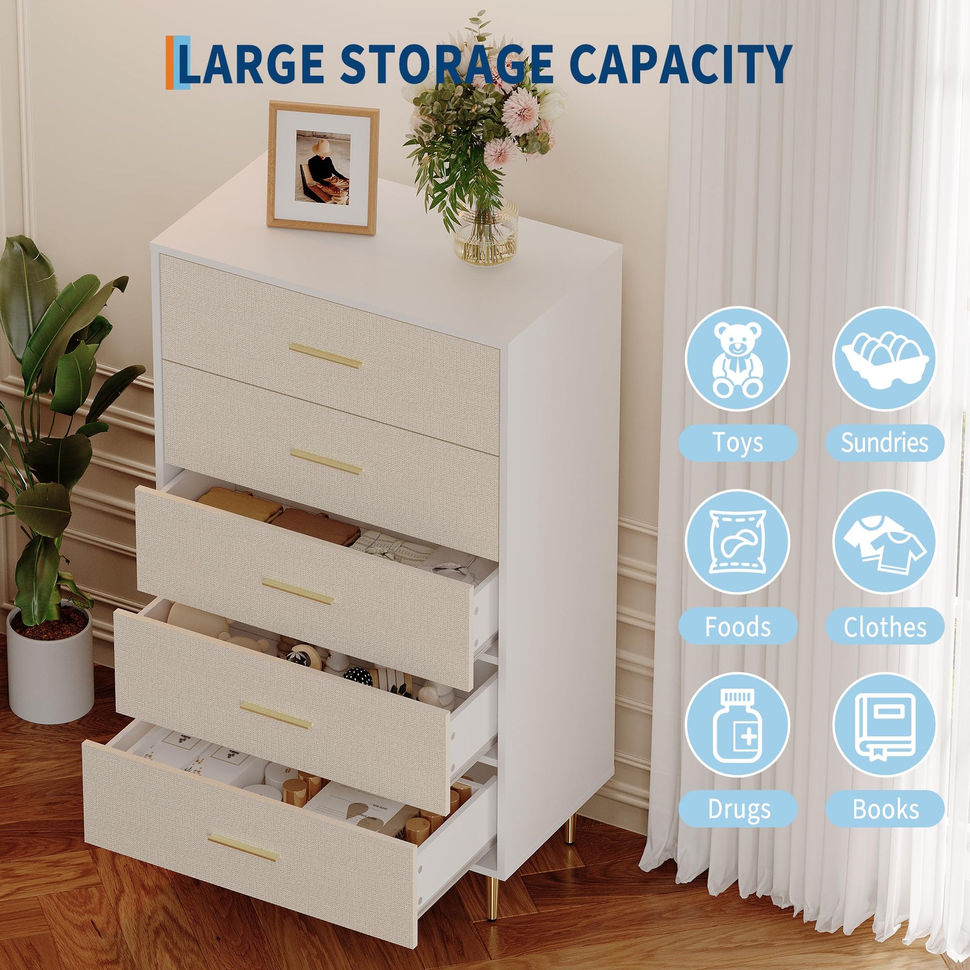 Cassettiera Garvee bianca a 5 cassetti con maniglie e gambe in metallo dorato per camera da letto e corridoio, stretta, in legno, design moderno