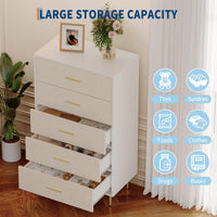 Cassettiera Garvee bianca a 5 cassetti con maniglie e gambe in metallo dorato per camera da letto e corridoio, stretta, in legno, design moderno