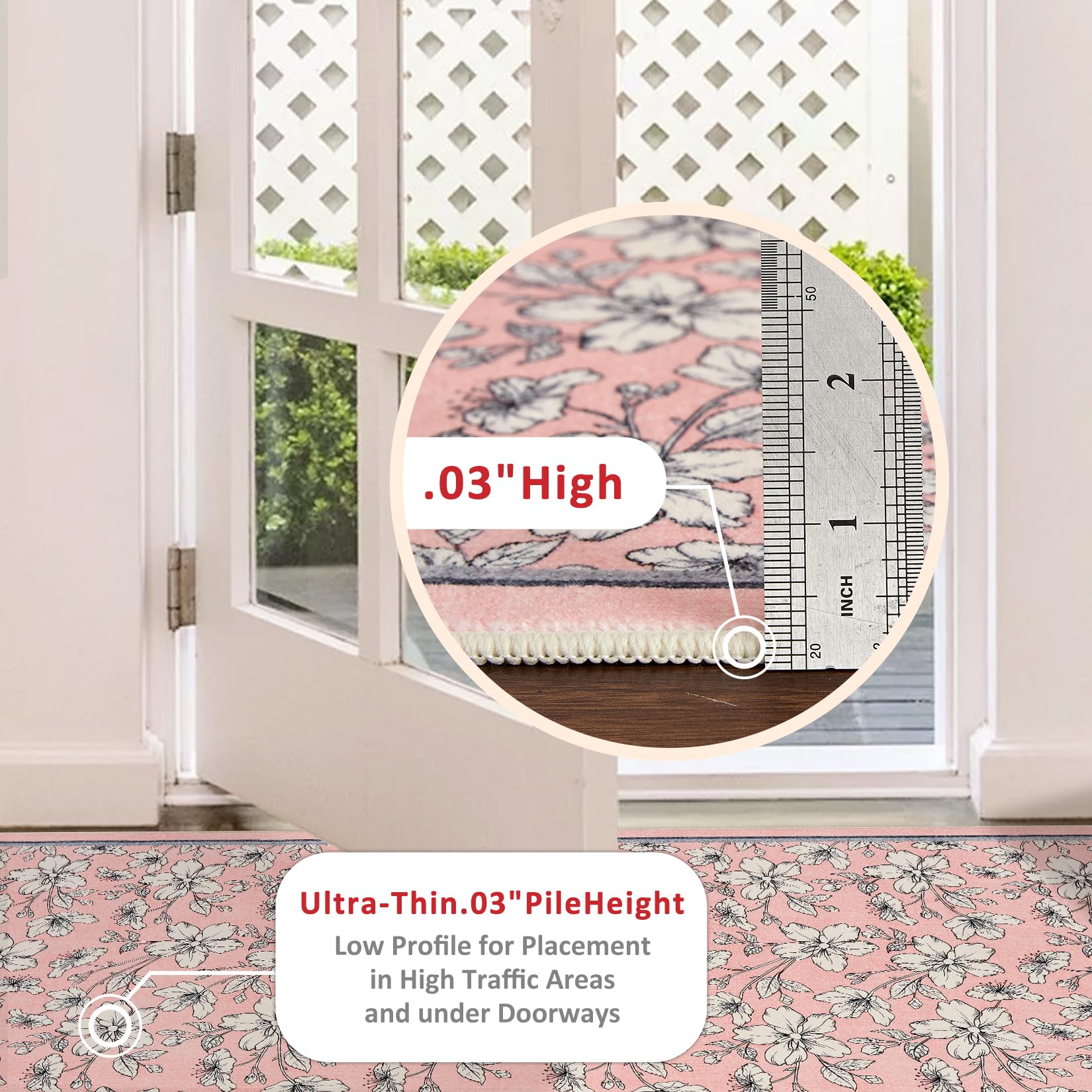 Tappeto per soggiorno Garvee 80x150cm a pelo corto, antiscivolo, vintage, floreale, lavabile, rosa