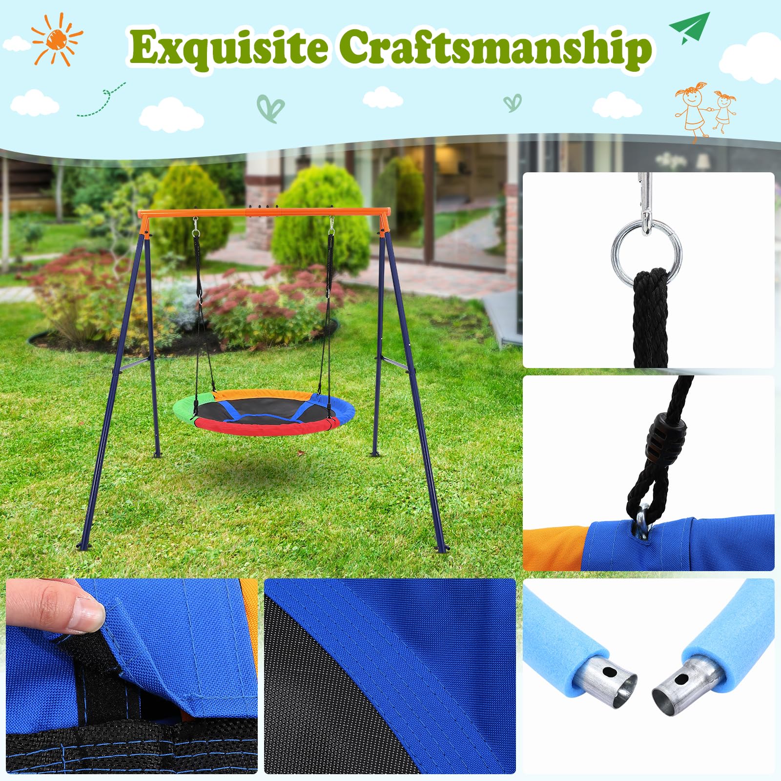 Altalena da esterno Garvee con robusta struttura in metallo a forma di A, capacità di carico di 200 kg, altalena a disco rotonda regolabile, 192x167x187 cm, nero