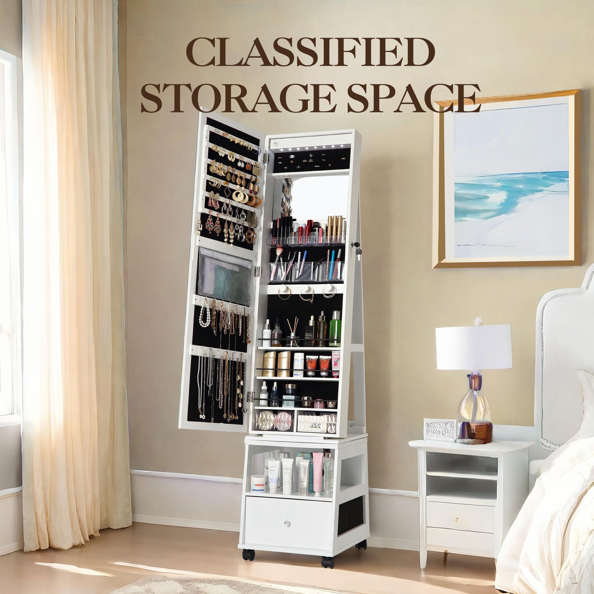 Mobiletto portagioie girevole a 360° Garvee con specchio a figura intera, illuminazione a LED, rivestimento in velluto, bianco, camera da letto, con serratura