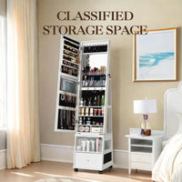 Mobiletto portagioie girevole a 360° Garvee con specchio a figura intera, illuminazione a LED, rivestimento in velluto, bianco, camera da letto, con serratura