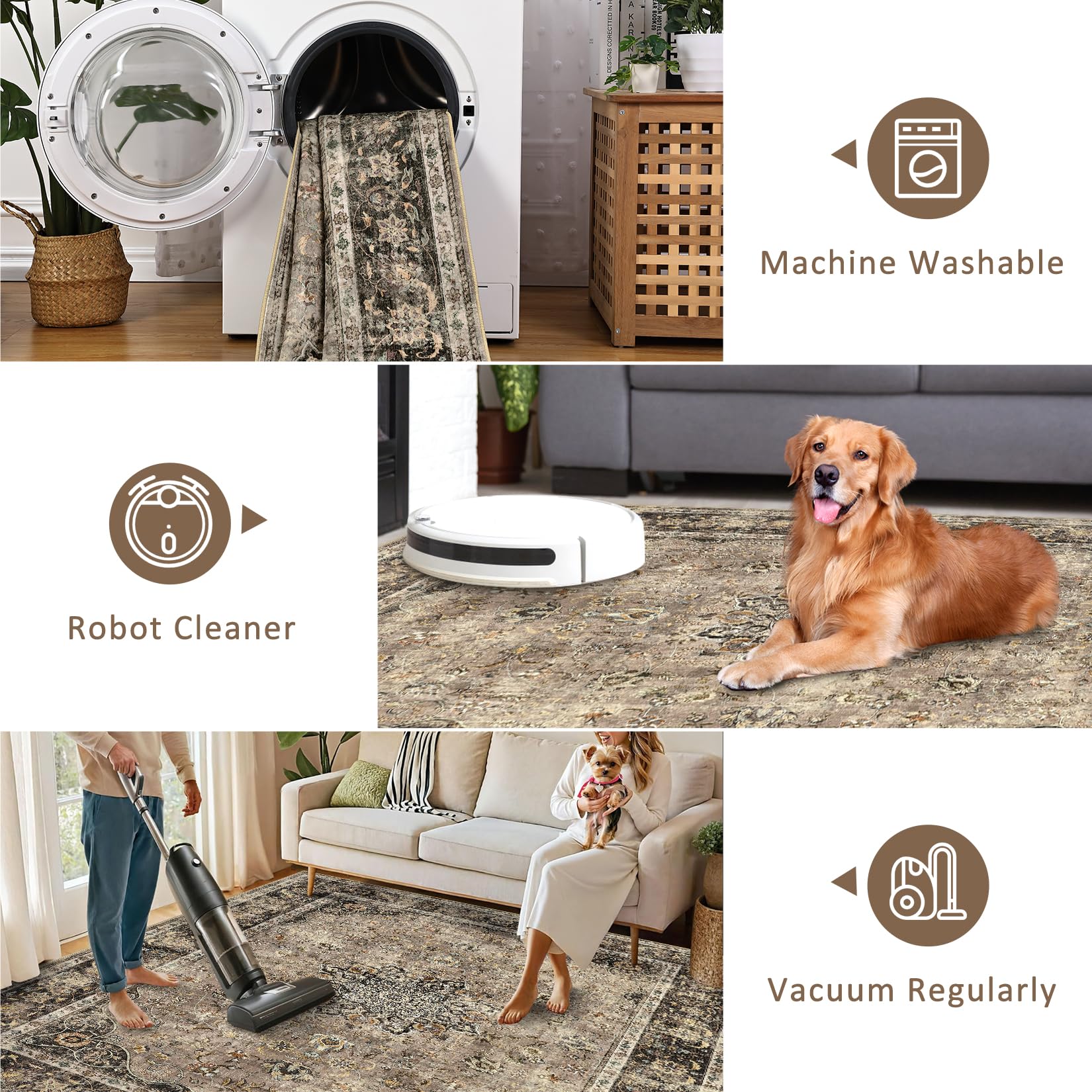 Tappeto Garvee 160x230cm, lavabile, retrò, per soggiorno, cammello, morbido, antiscivolo, grande, vintage, a pelo corto, per camera da letto, sala da pranzo, ufficio.