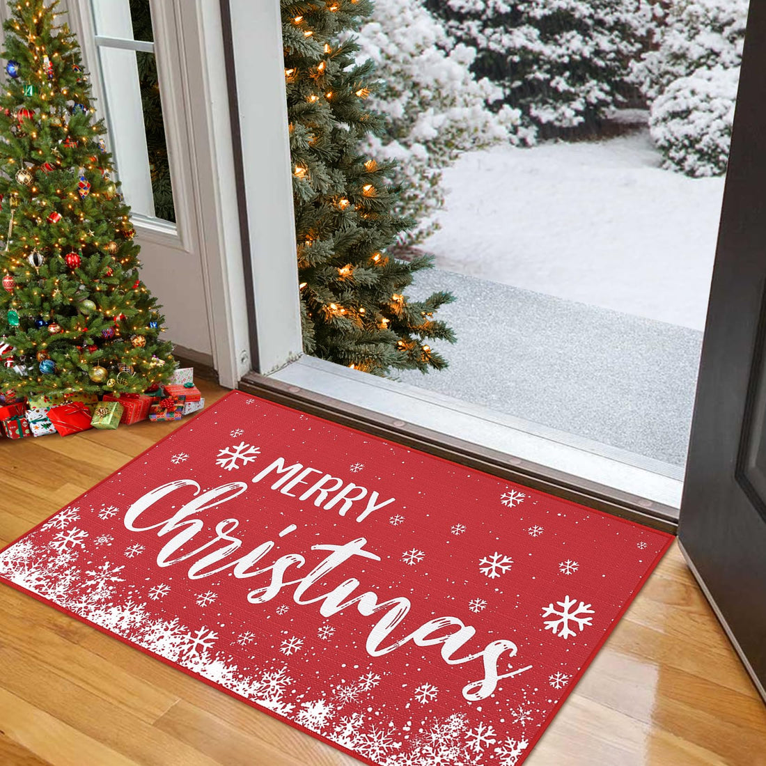 Zerbino Garvee Merry Christmas, zerbino natalizio con fiocco di neve rosso, per uso interno ed esterno, 40 x 60 cm