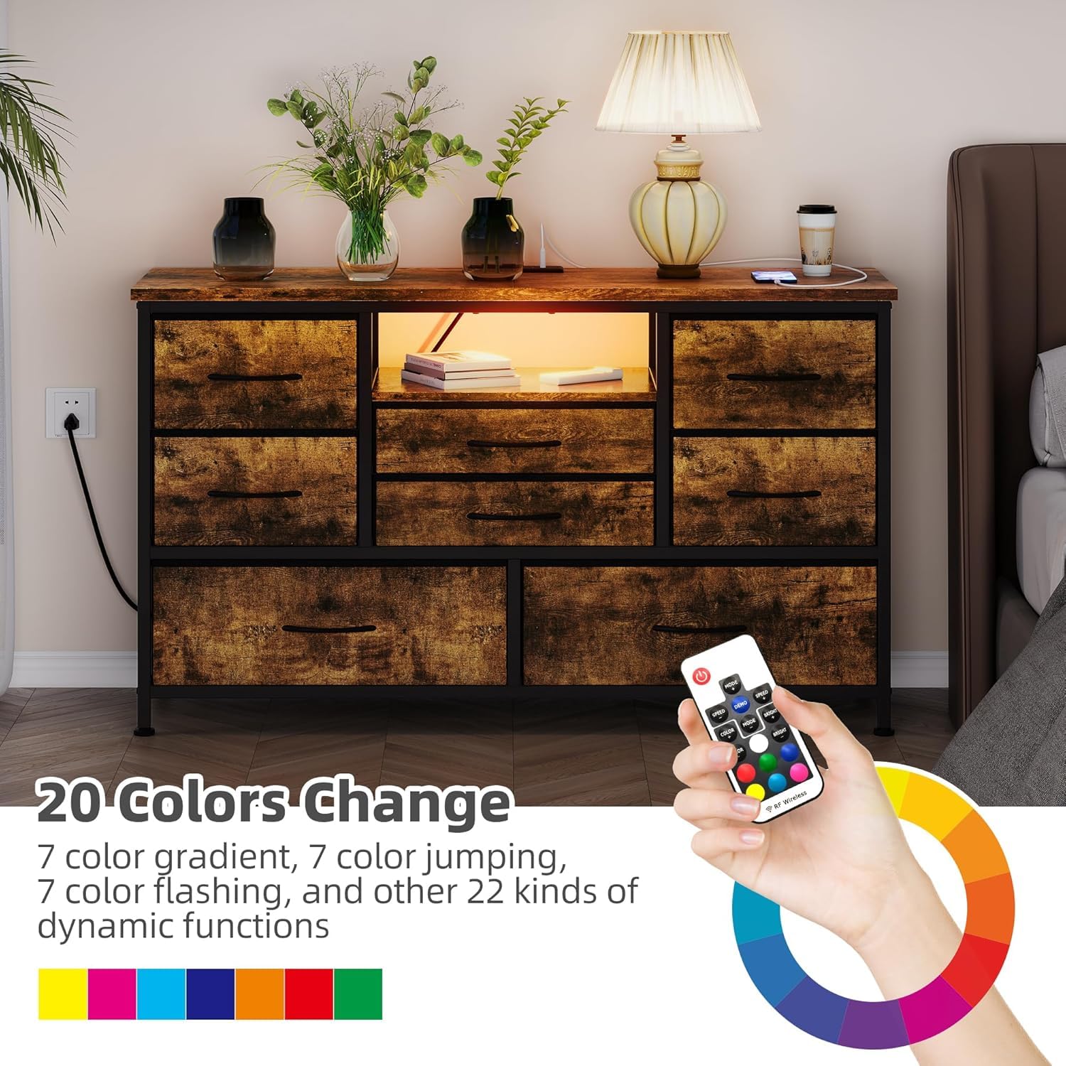 Cassettiera GARVEE con cassetti, con presa e LED, 8 cassetti, cassettiera multifunzionale per camera da letto e soggiorno - Credenza robusta e durevole, 120*36*75 cm