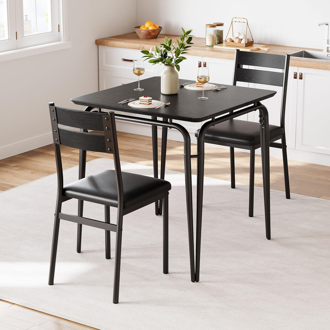 Tavolo da pranzo Garvee per 2 persone con sedie imbottite, piano in MDF, struttura in metallo, salvaspazio, ideale per stanze piccole, quadrato, nero