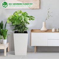 Set di fioriere in rattan Garvee da 16 pollici con indicatore del livello dell'acqua e ruote per patio e soggiorno, bianco, resistente alle intemperie