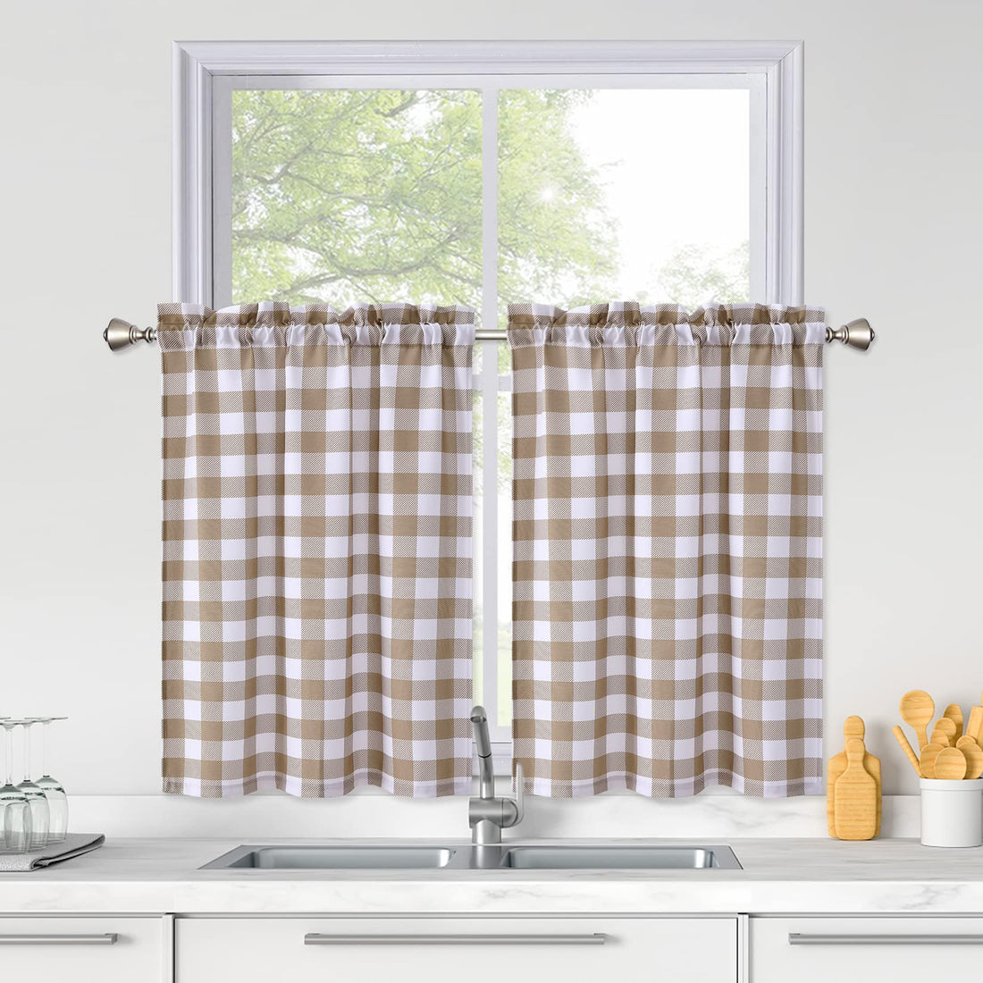 Tende piccole Garvee Buffalo Plaid in poliestere idrorepellente effetto lino per soggiorno, cucina, bagno, 28"x24" tortora