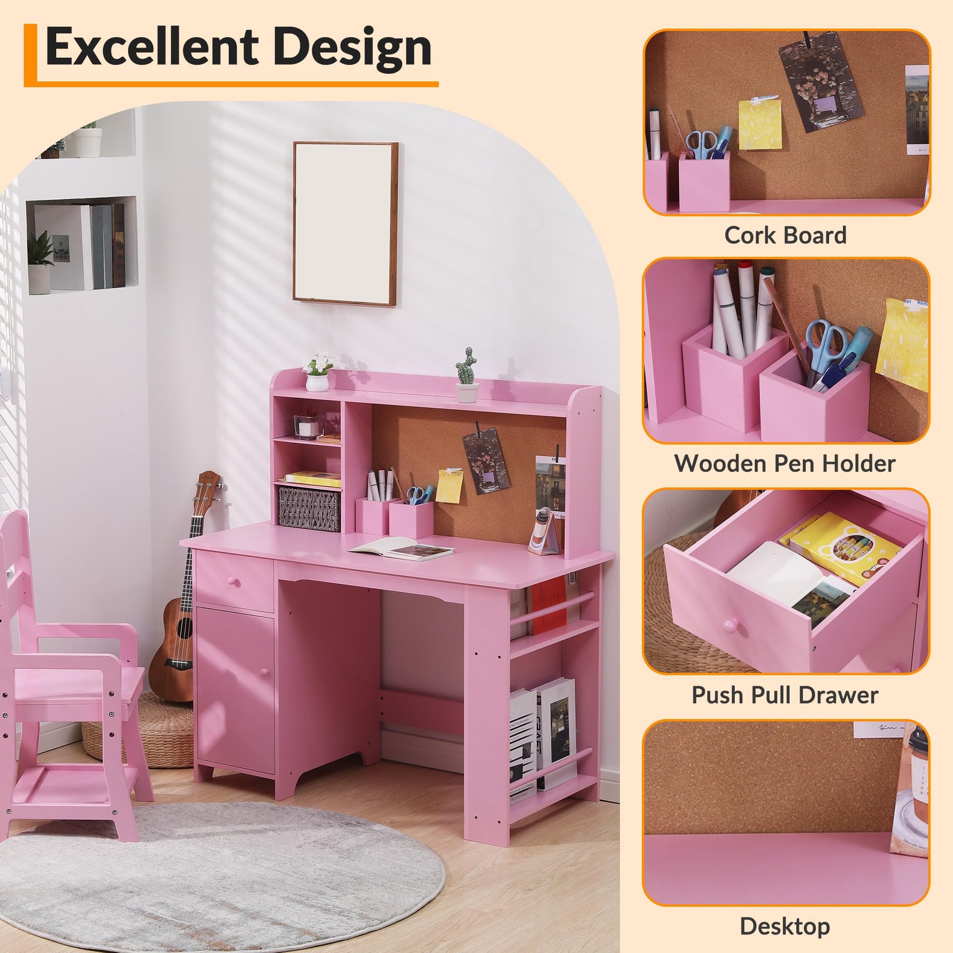 Set da scrivania per bambini Garvee con ripiano e cassetto per ragazzi e ragazze, dai 3 agli 8 anni, in legno, rosa, per l'apprendimento e la sala giochi