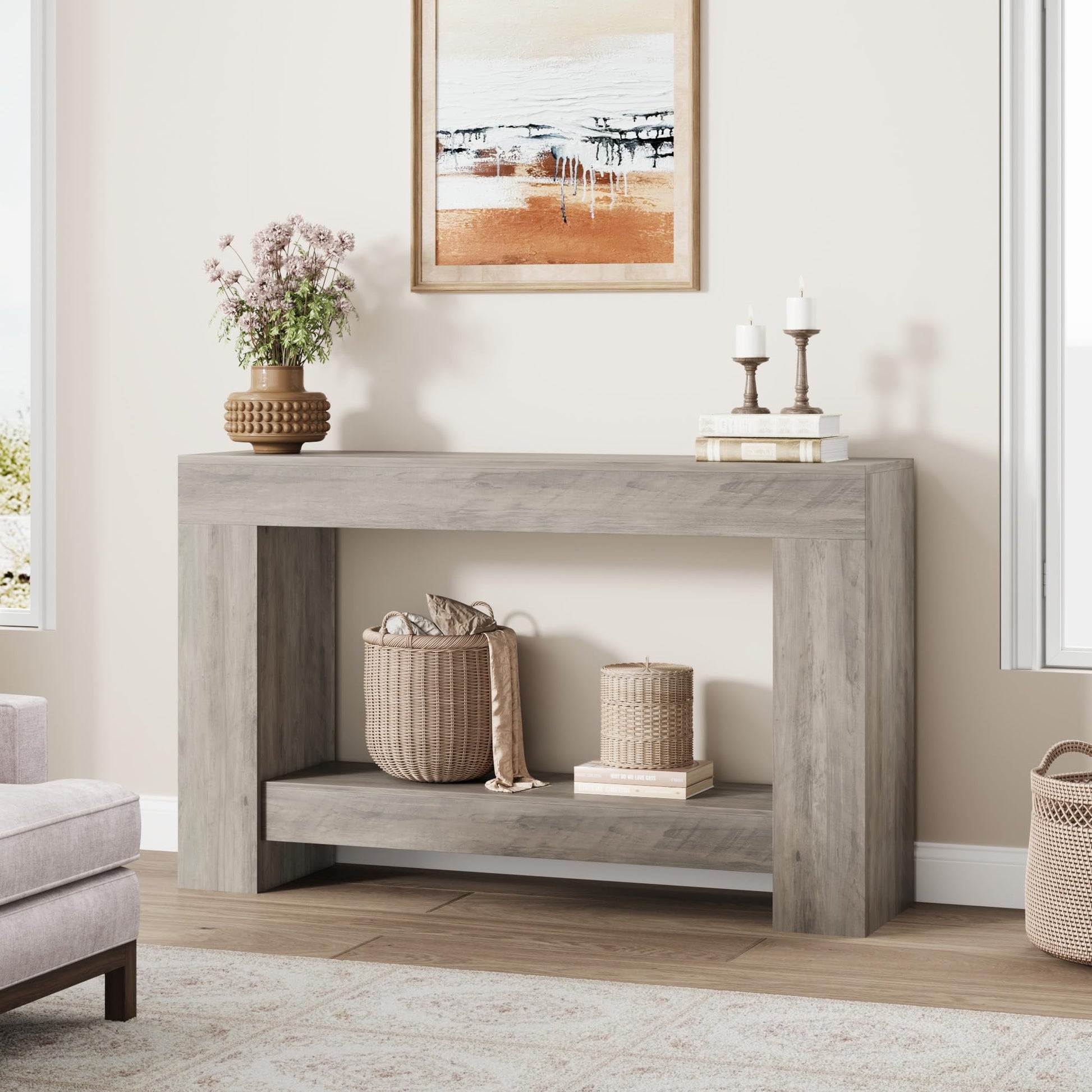 Tavolo consolle Garvee da 47" per corridoio, 2 livelli, legno robusto, rustico, con spazio di archiviazione, soggiorno e ingresso, marrone