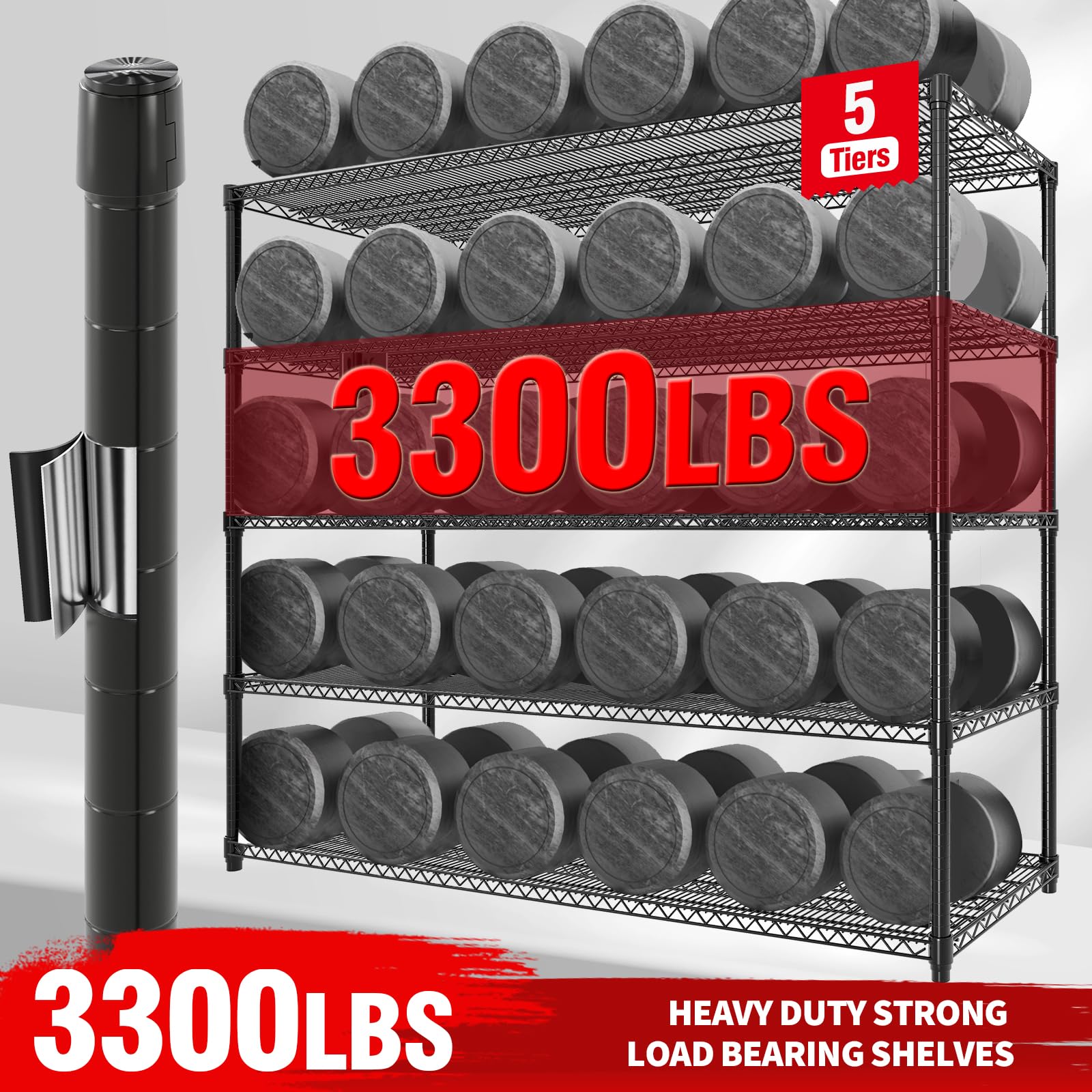 Scaffalatura metallica per carichi pesanti Garvee, 5 ripiani, capacità di carico 3300 libbre, altezza regolabile, acciaio, ruote e piedini fissi per garage e magazzino, grande, colore acciaio