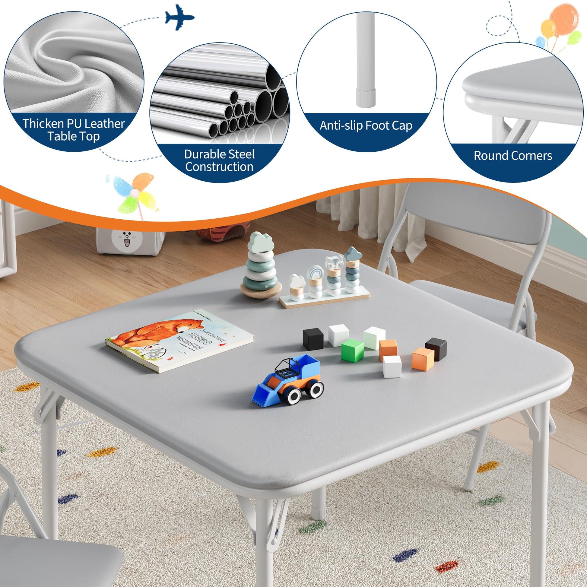 Set tavolo e sedie pieghevoli per bambini Garvee da 5 pezzi, realizzato in robusto metallo con morbida pelle PU per camerette e uso esterno