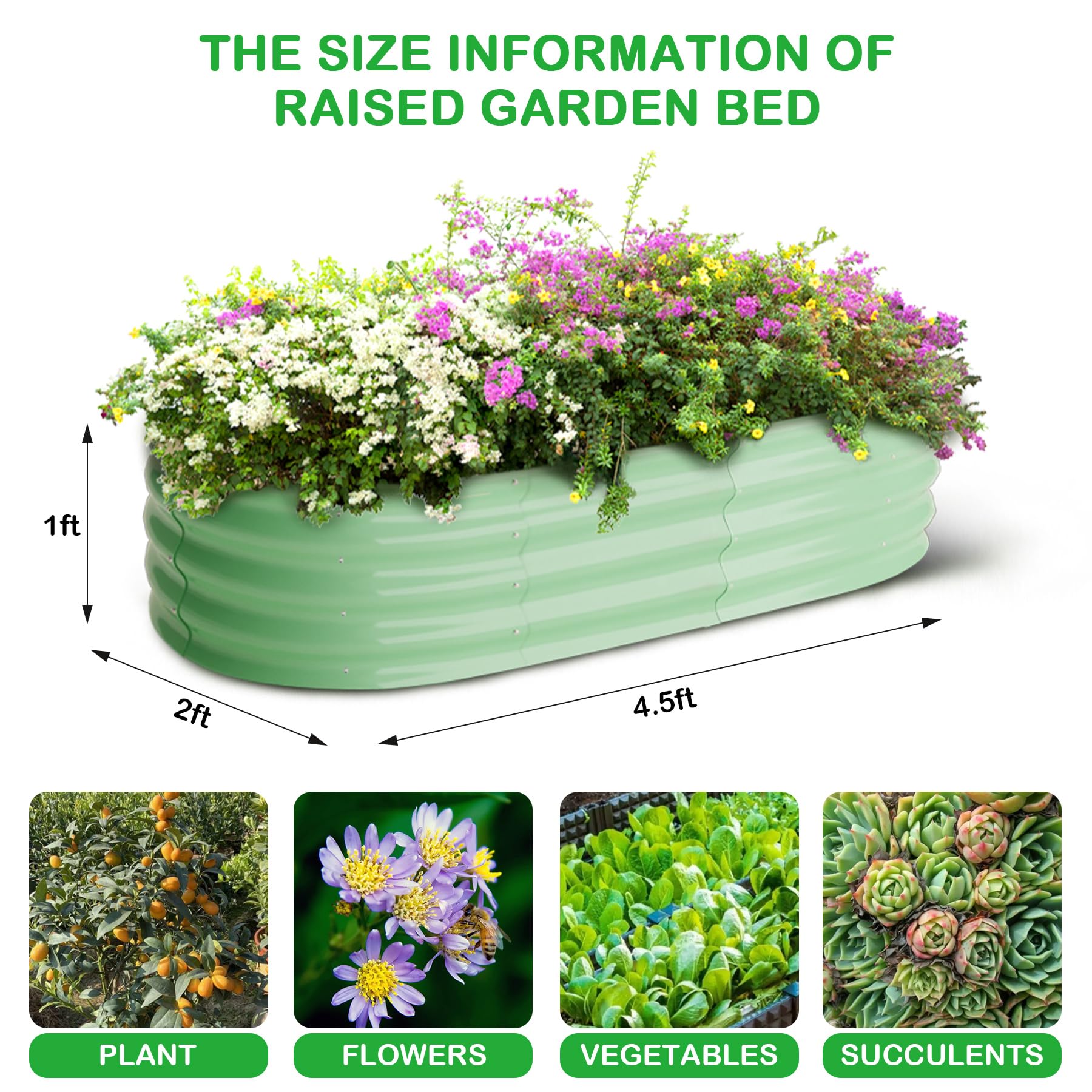 Aiuola rialzata ovale Garvee 4,5x2x1 piede in acciaio zincato antiruggine con base aperta, verde, senza attrezzi, per giardino e patio