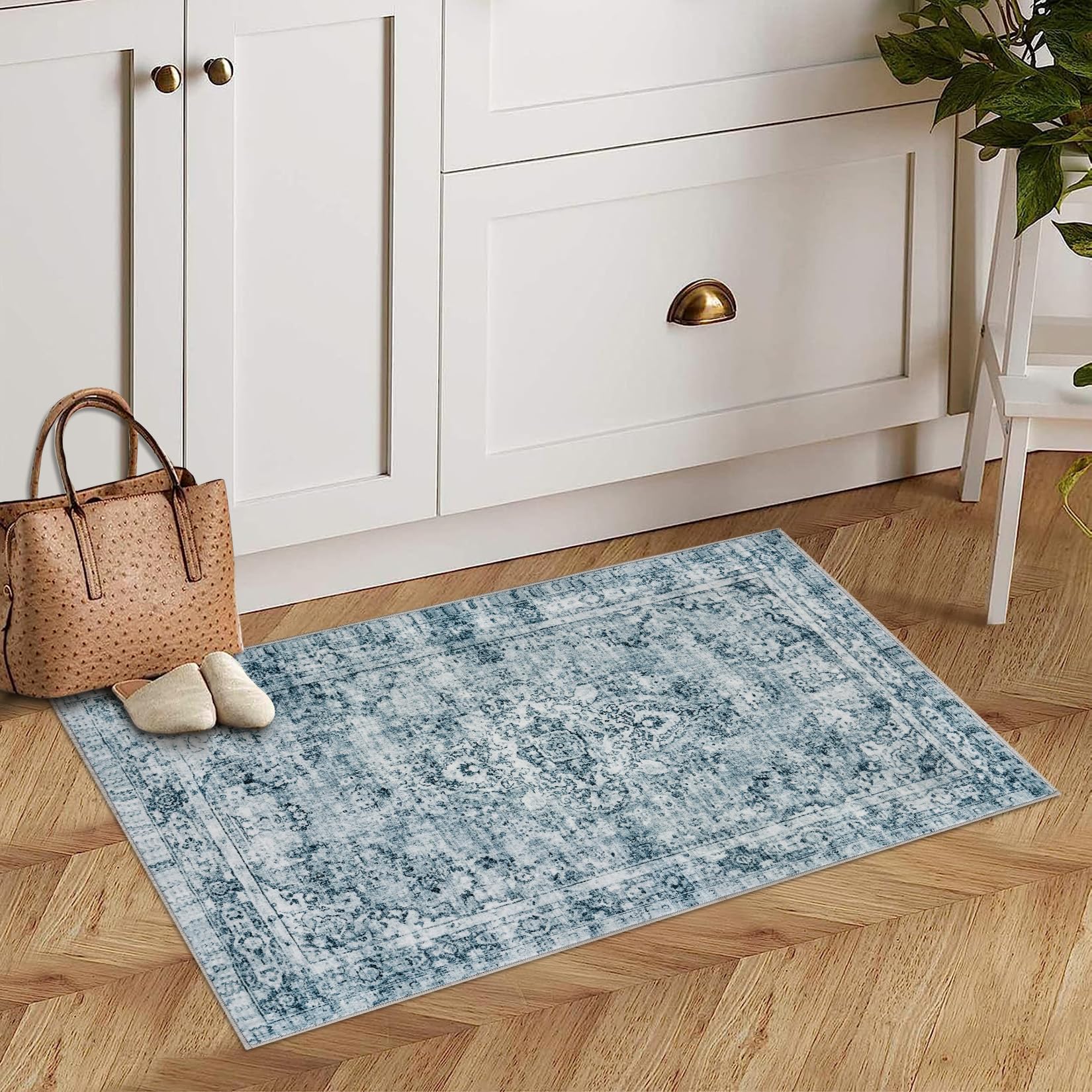 Tappeto a pelo corto Garvee 80 x 150 cm blu boho moderno lavabile antiscivolo per soggiorno e camera da letto