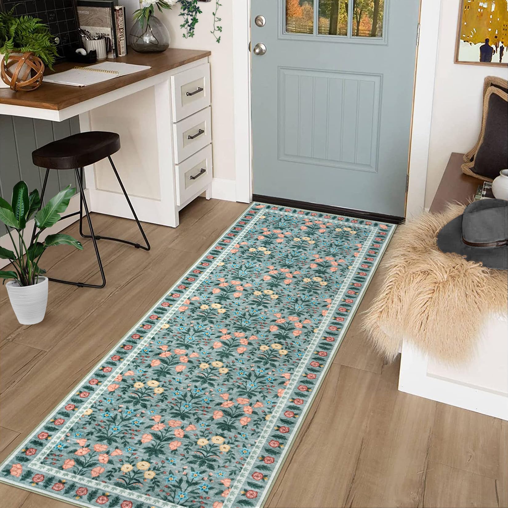 Tappeto decorativo da interno Garvee Boho, motivo floreale nero, antiscivolo, a pelo corto, 80x150 cm, per soggiorno, cameretta dei bambini, sala giochi