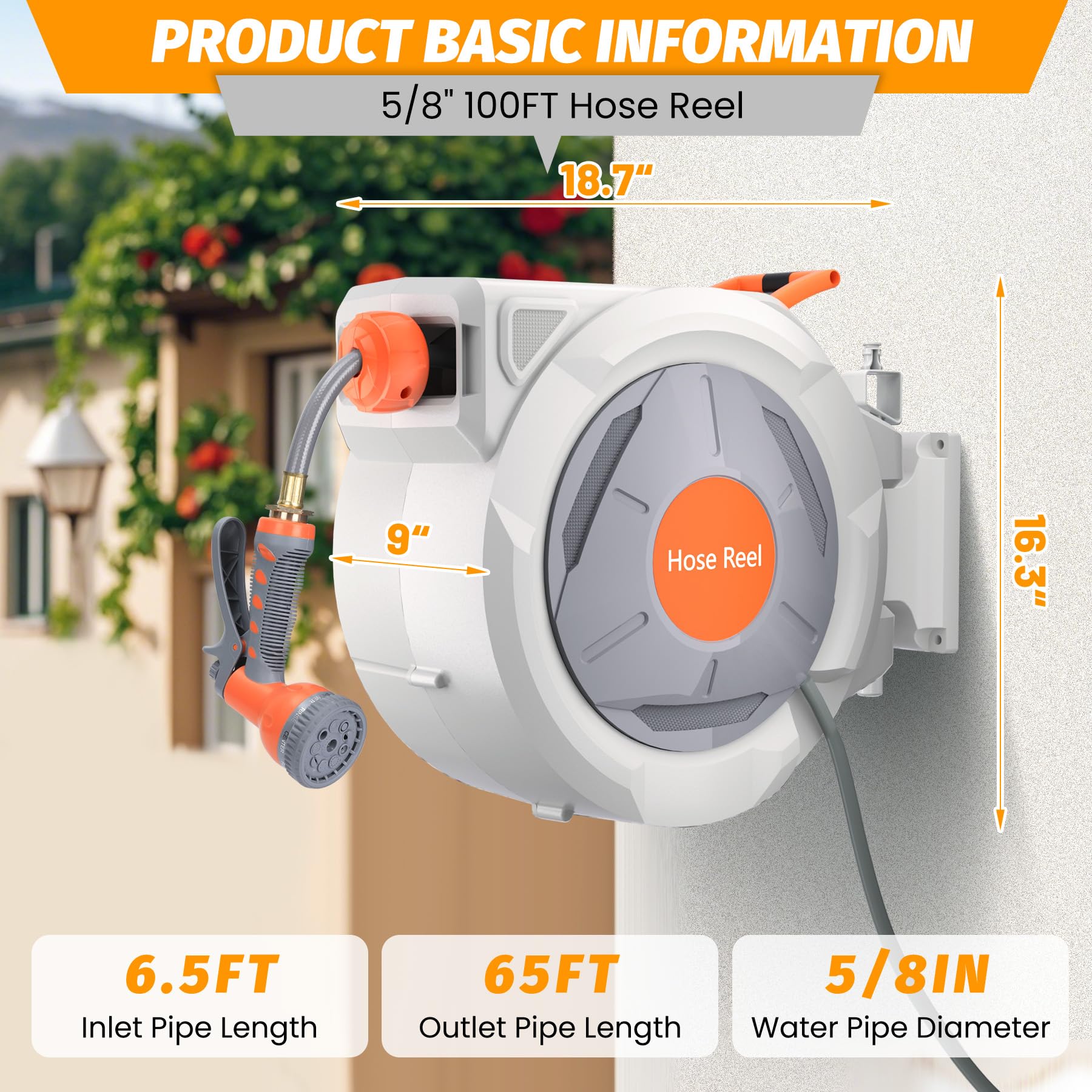 Avvolgitubo retrattile Garvee da giardino da 5/8" x 65 piedi con spruzzatore a 9 funzioni, lunghezza bloccabile, PVC e ottone, ritorno lento automatico, rotazione di 180°, montaggio a parete per giardino