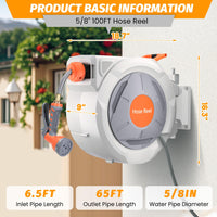 Avvolgitubo retrattile Garvee da giardino da 5/8" x 65 piedi con spruzzatore a 9 funzioni, lunghezza bloccabile, PVC e ottone, ritorno lento automatico, rotazione di 180°, montaggio a parete per giardino