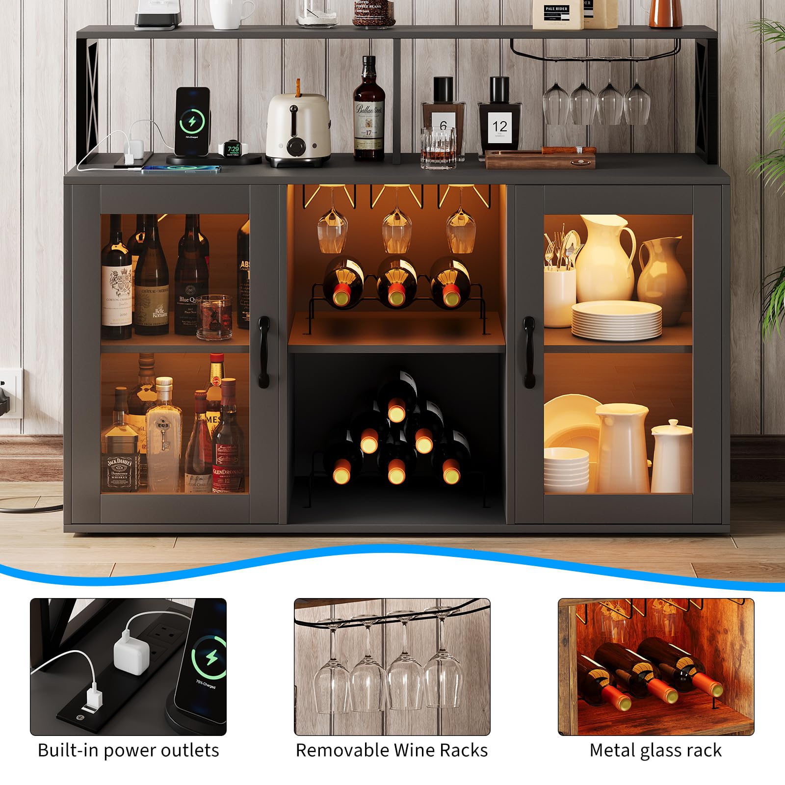 Mobile bar per vino Garvee con portabottiglie, luce LED RGB, stazione di ricarica, ripiani regolabili, legno, in piedi per cucina e soggiorno