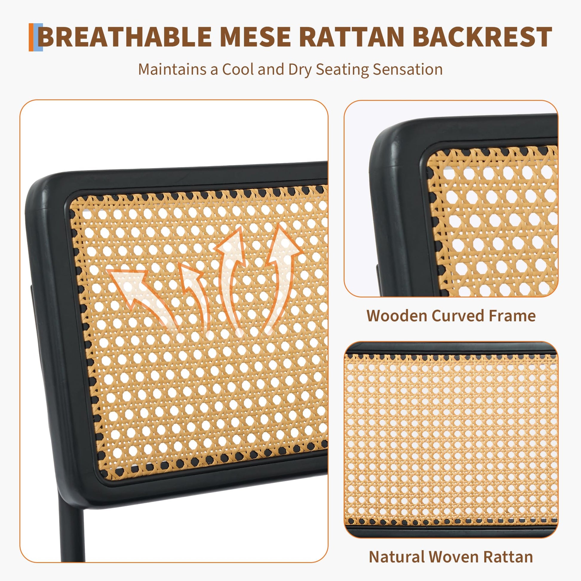 Set di 2 sedie da pranzo in rattan naturale Garvee con seduta imbottita in velluto e gambe in legno massello per cucina e sala da pranzo, stile boho nero