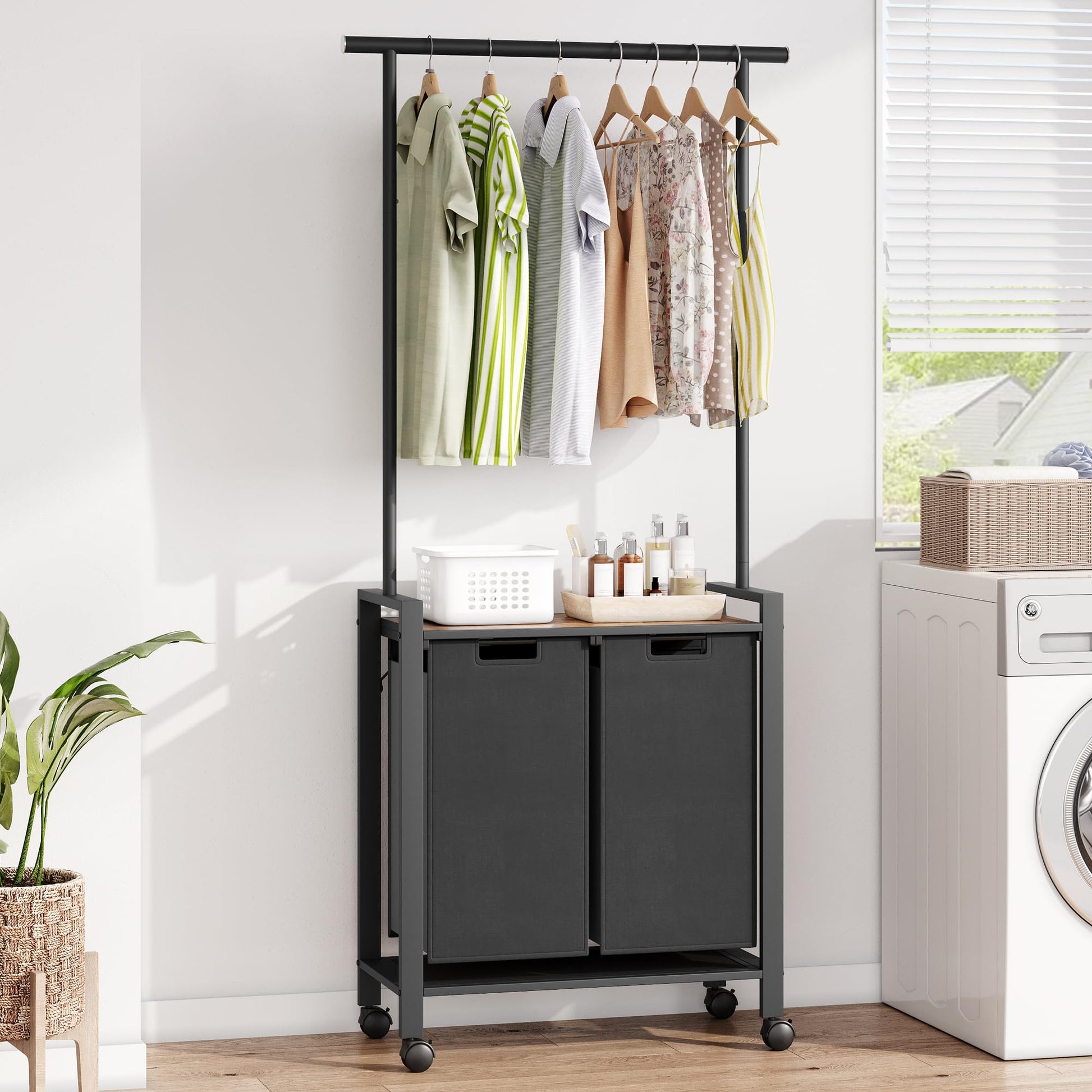 Garvee Laundry Sorter, cesto portabiancheria a 2 sezioni con asta appendiabiti e ripiano in legno per lavanderia, 2 x 49.2 L, nero