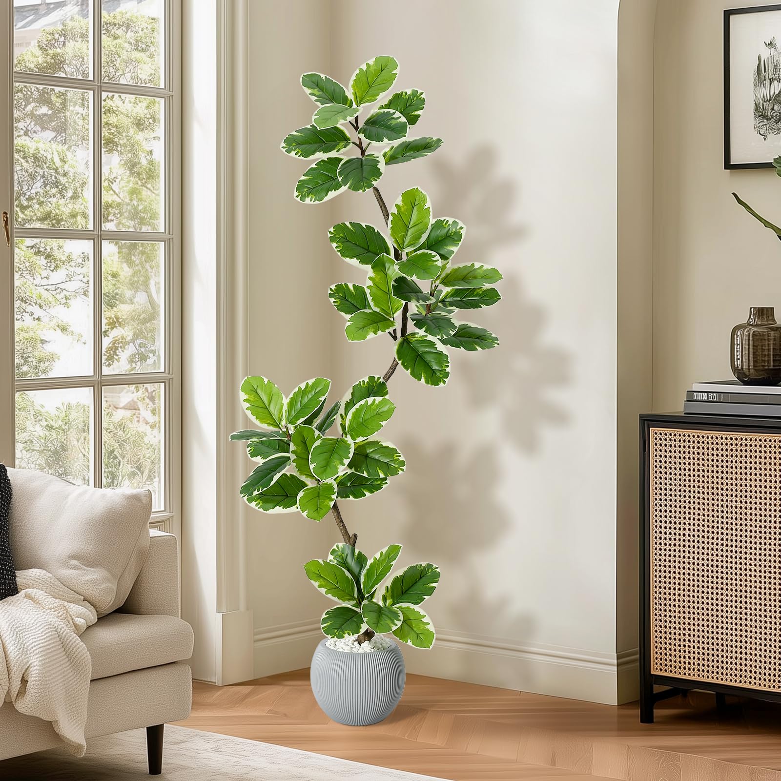 Albero artificiale Garvee Ficus Lyrata da 5 piedi con fioriera a sfera per soggiorno, ufficio, verde, 47 foglie