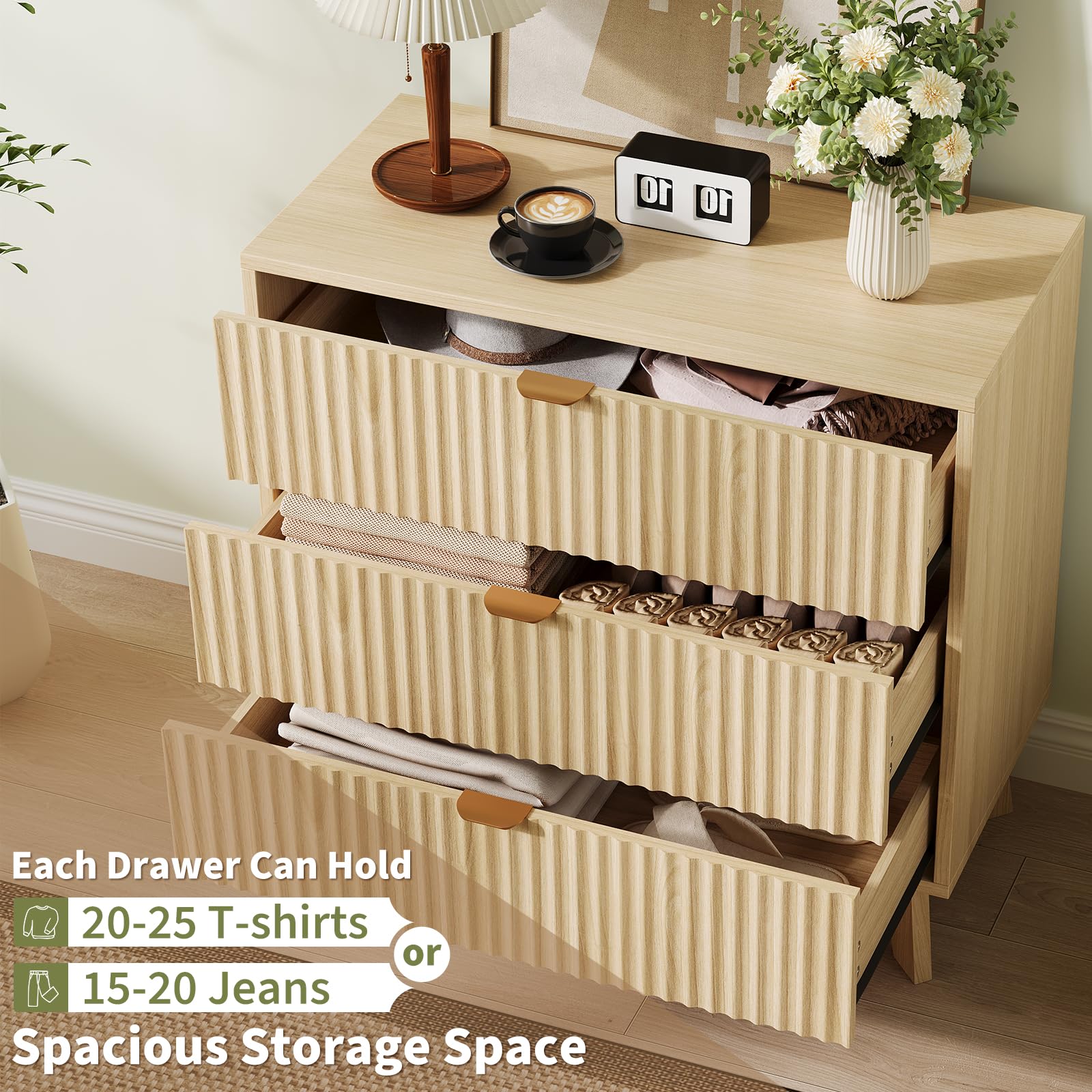 Cassettiera Garvee a 3 cassetti, design scanalato in stile moderno di metà secolo, MDF e legno massello, antiribaltamento, camera da letto, soggiorno, 31,49" L 30,94" A