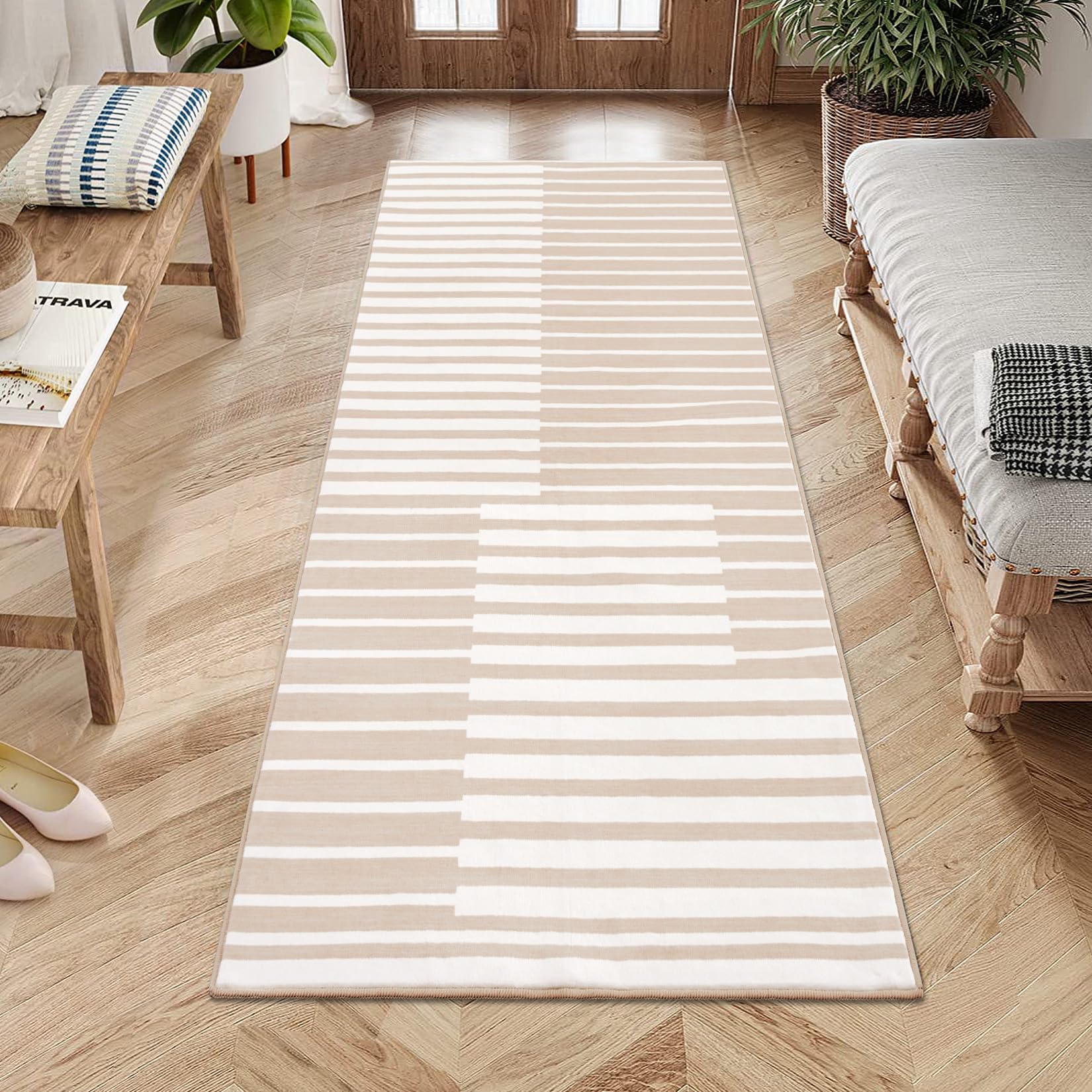 Tappeto lavabile Garvee 80x150 per corridoio, tappeto per soggiorno a pelo corto, antiscivolo, morbido, moderno, per camera da letto, cucina, beige