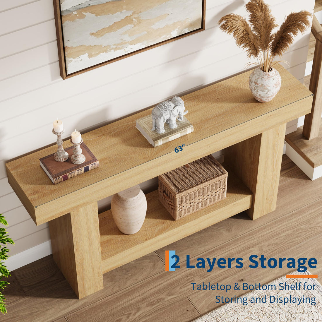 Tavolo consolle Garvee da 63" per corridoio con 2 ripiani, base stabile, stile rustico country, rettangolare, soggiorno e ingresso, color legno
