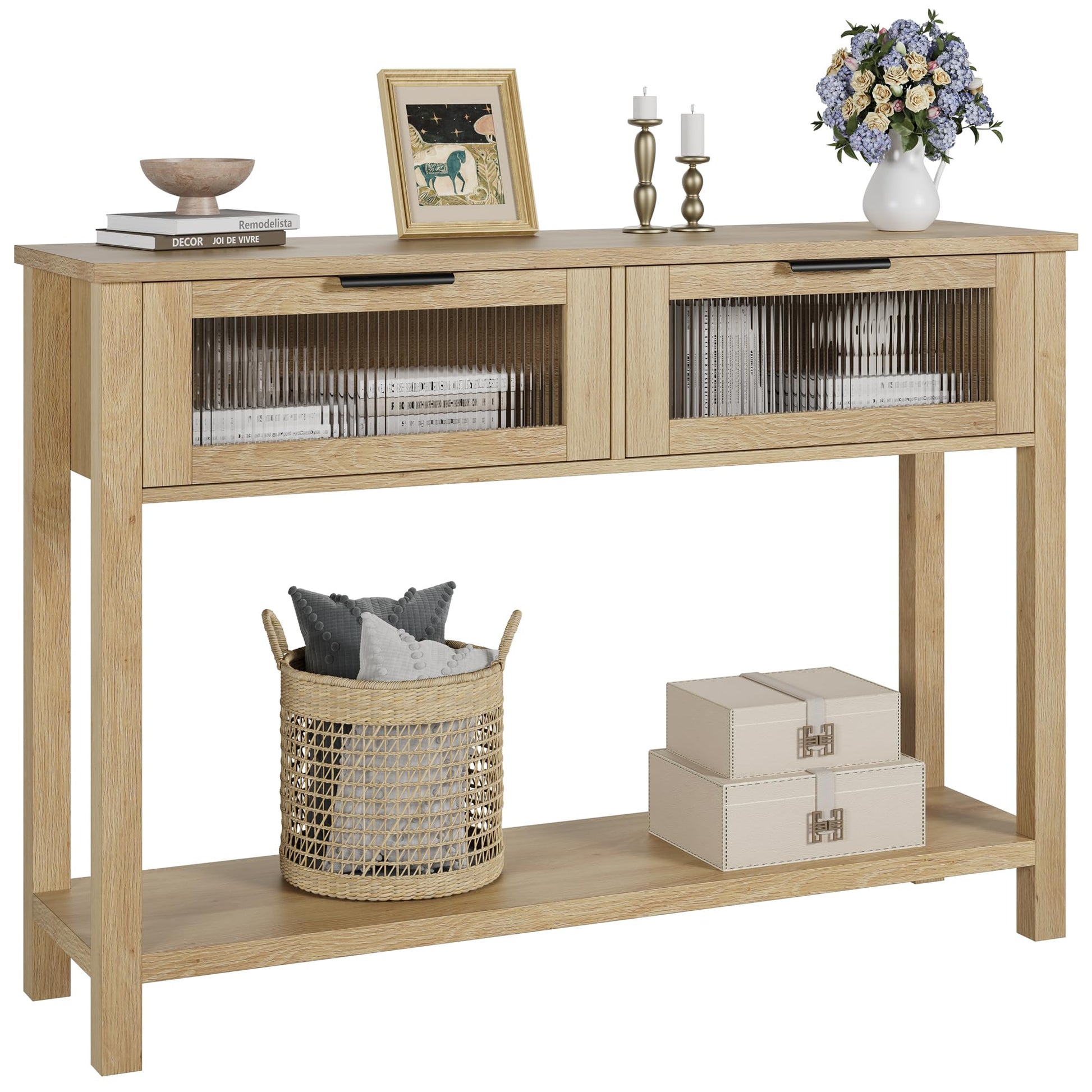 Tavolo consolle in legno Garvee con 2 cassetti in vetro, MDF robusto, stile country per corridoio e soggiorno, 43,3"x11,8"x31,4", Burlywood