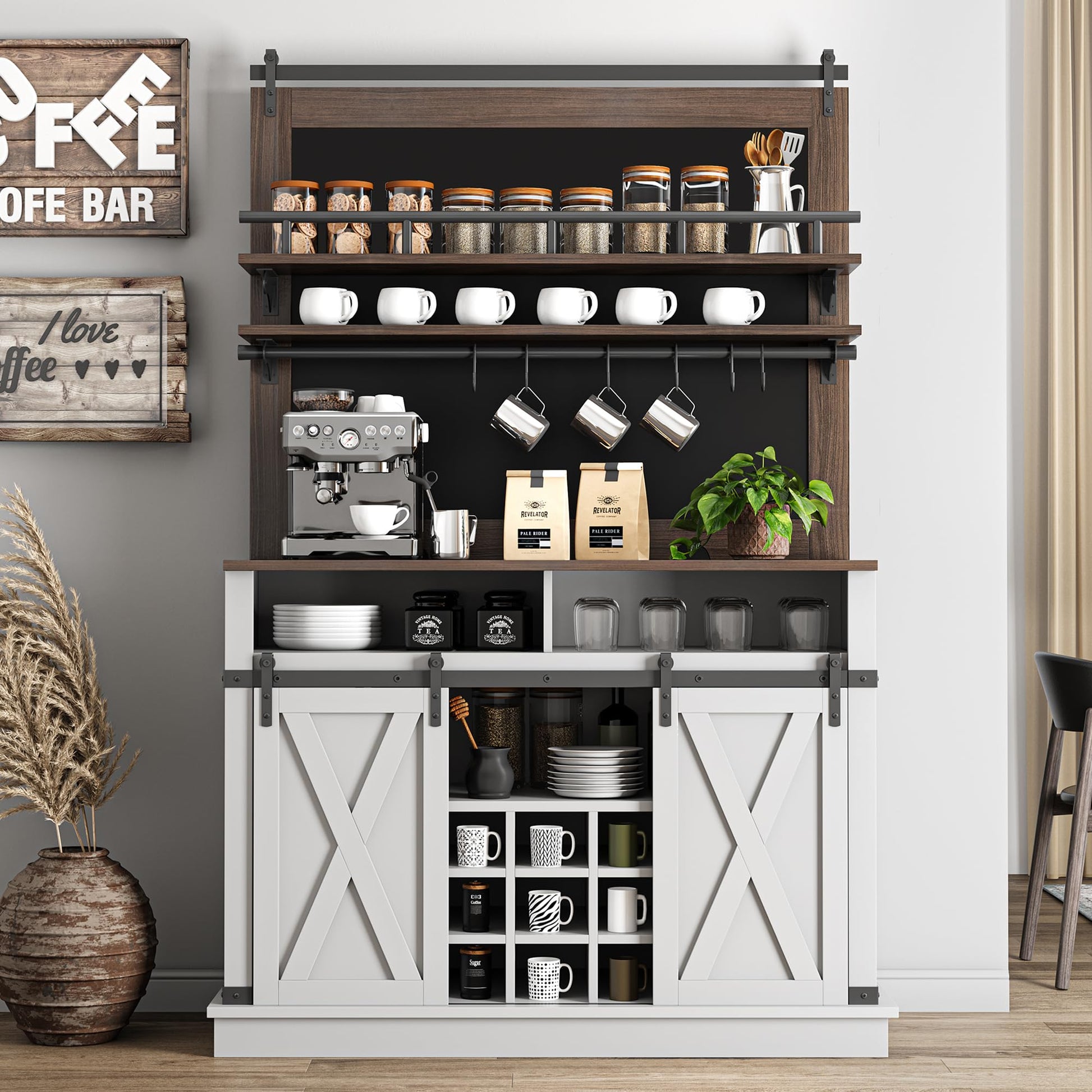 Mobiletto da caffè alto Garvee da 75" con ante scorrevoli, ampio spazio per riporre gli oggetti da cucina, in legno MDF e metallo, rovere bianco, per sala da pranzo e soggiorno