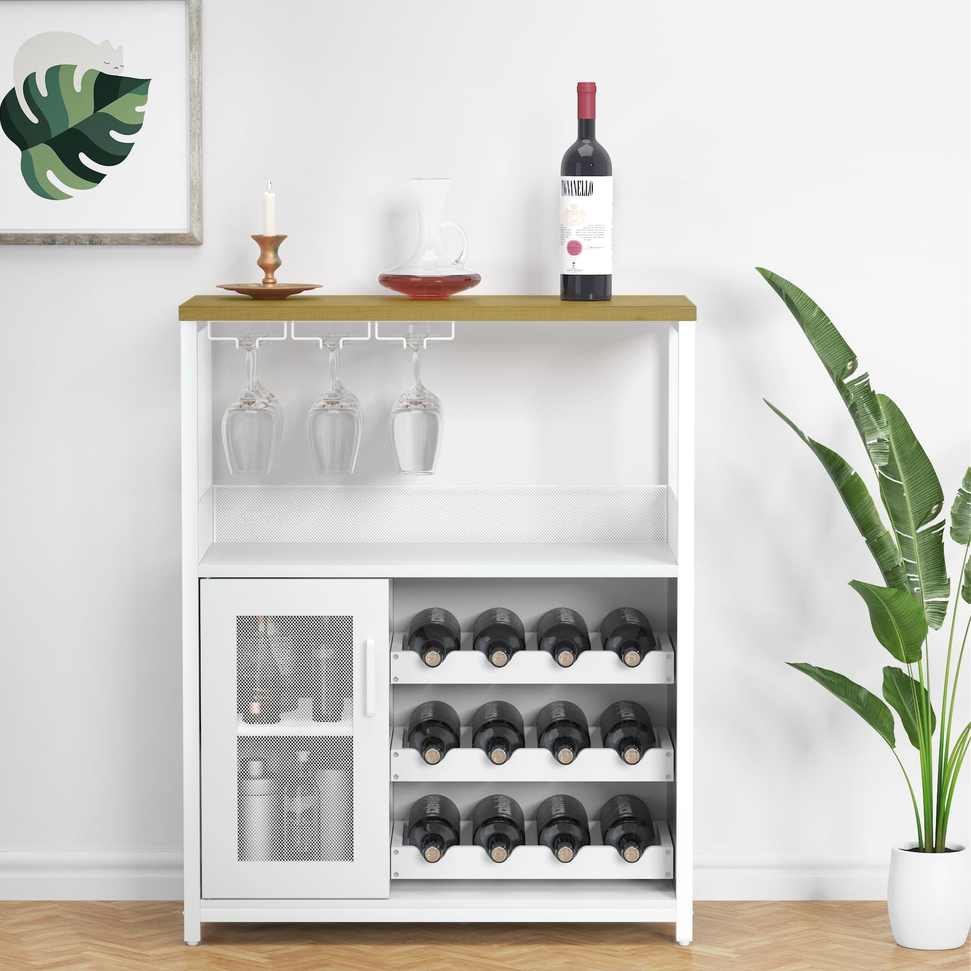 Mobile bar per vino Garvee, 3 ripiani con portabottiglie rimovibile per cucina e bar, 69,1 cm L x 35,1 cm P x 91,9 cm A, bianco, robusto MDF e ferro