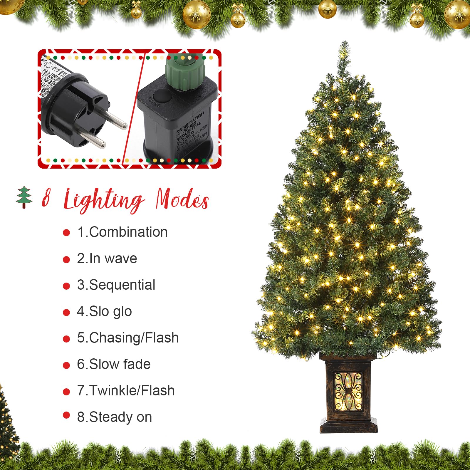 Albero di Natale vintage Garvee da 145 cm con struttura in metallo, 300 LED, 8 modalità, spina UE e scatola luminosa a forma di uccello a nove teste