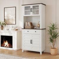 Mobile dispensa da cucina alto Garvee da 182.88 cm con scomparto per microonde, spazio di archiviazione, legno, cassetti, ante in vetro, bianco, sala da pranzo