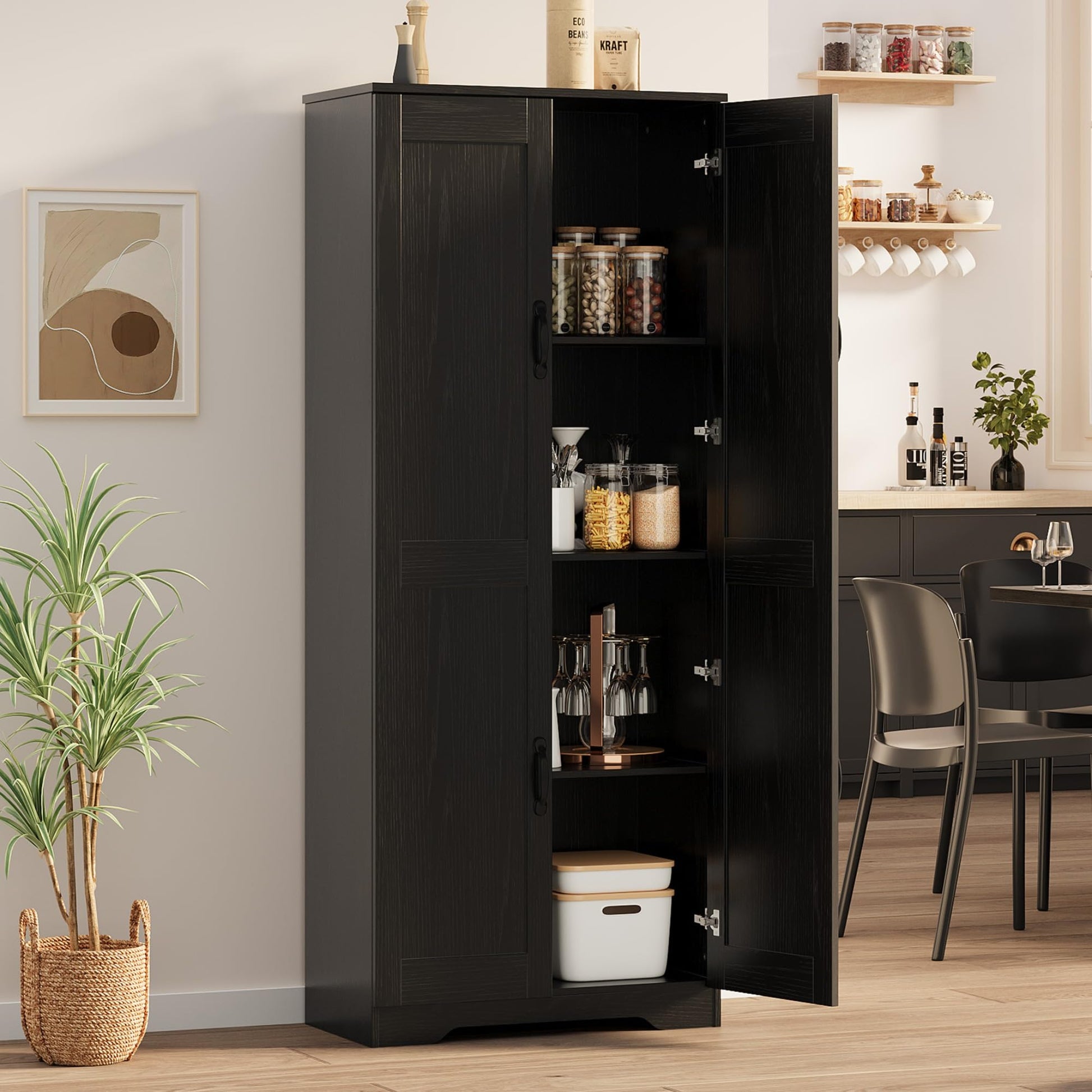 Mobile dispensa alto Garvee da 152.4 cm con 2 ante, ripiani regolabili, legno P2, maniglie in metallo, nero, per cucina e bagno, indipendente, 59.9 cm L x 30.2 cm P x 152.4 cm A