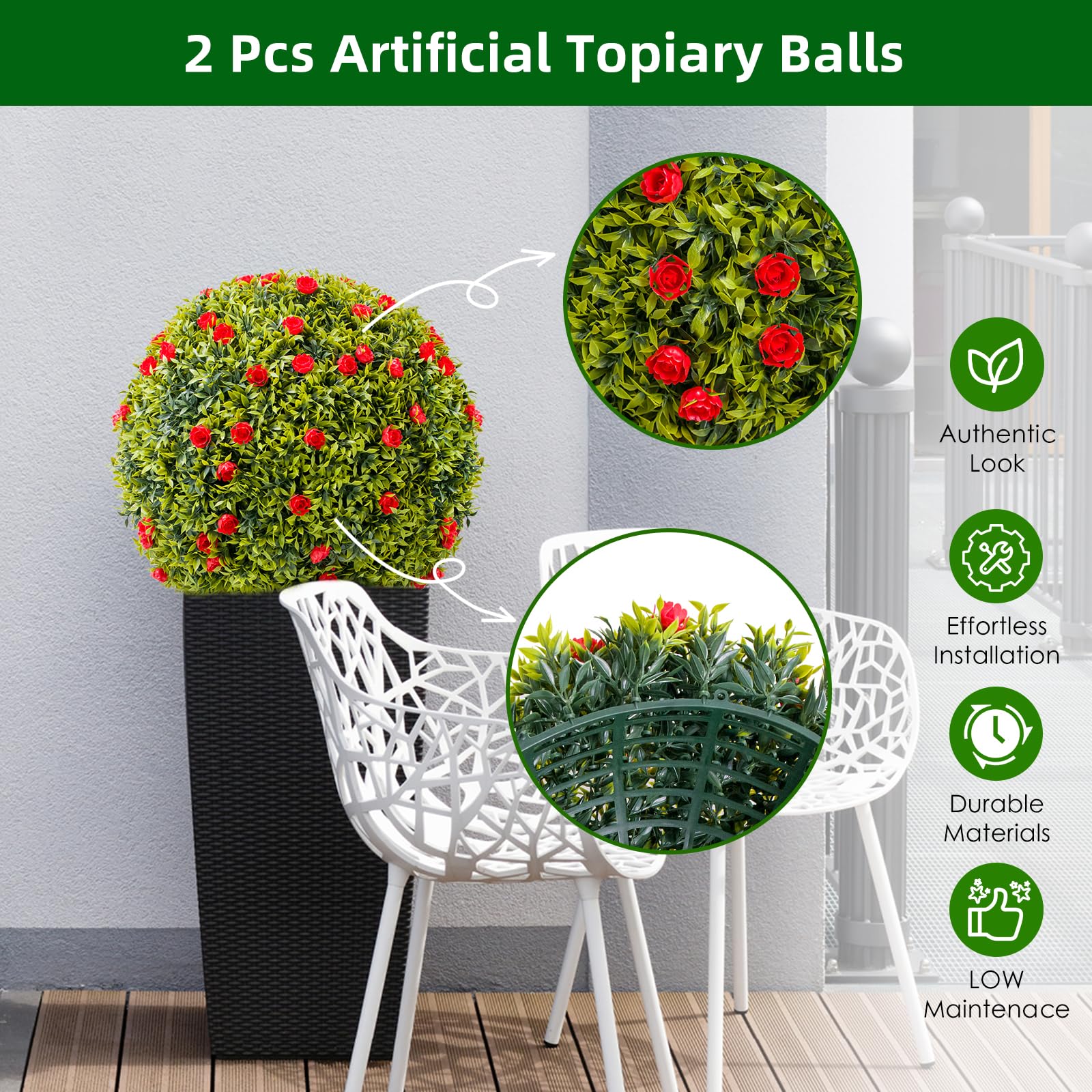 Palla di bosso artificiale Garvee da 16,5" con fiori rossi, resistente alle intemperie, facile da pulire, materiale PE per balcone e giardino