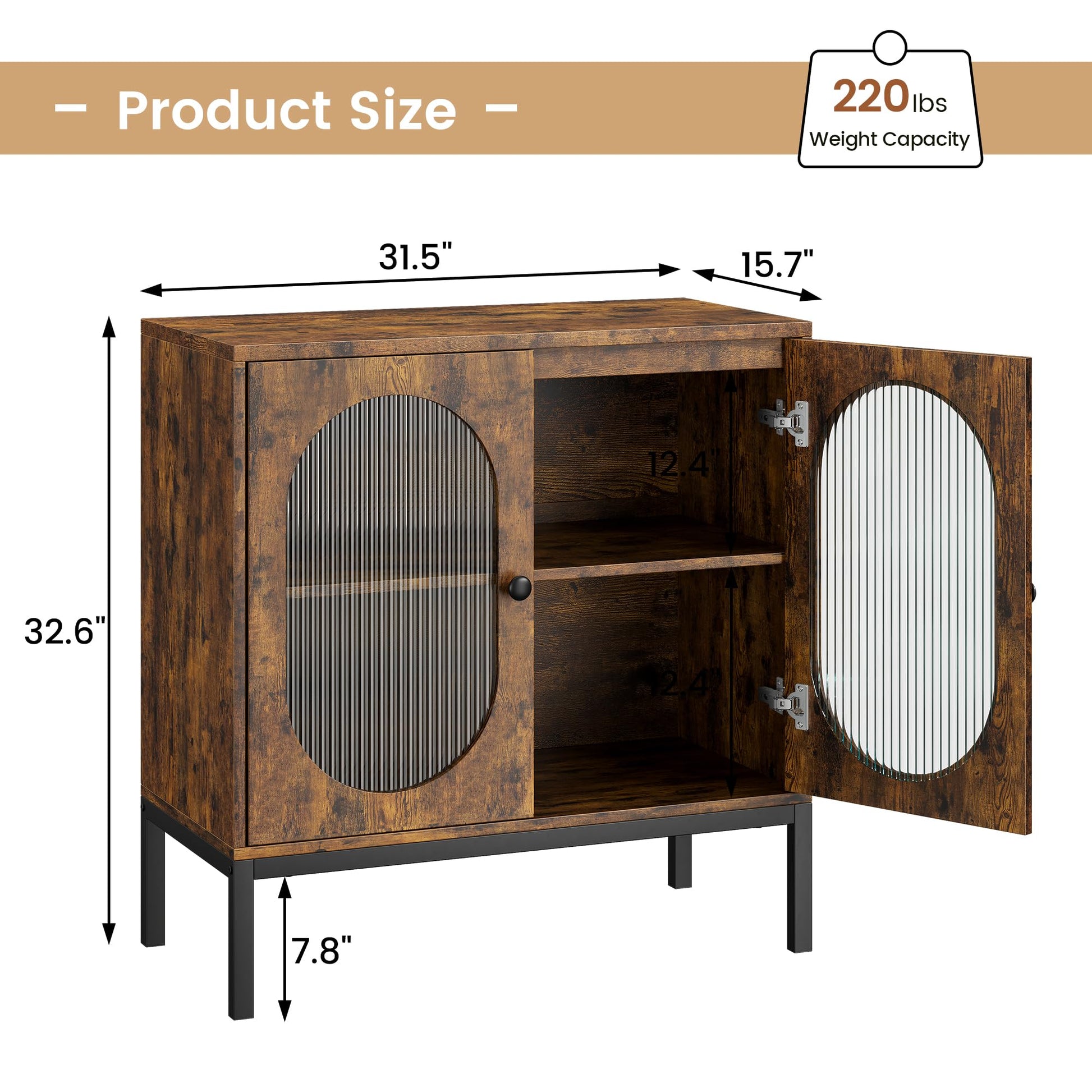 Credenza Garvee da 31'' con frontale in vetro e ripiano regolabile per soggiorno e cucina, marrone rustico