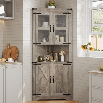Mobiletto angolare alto Garvee in stile rustico con anta in vetro e ripiani regolabili per soggiorno e cucina, in legno impermeabile, salvaspazio, stabile, triangolare, bianco