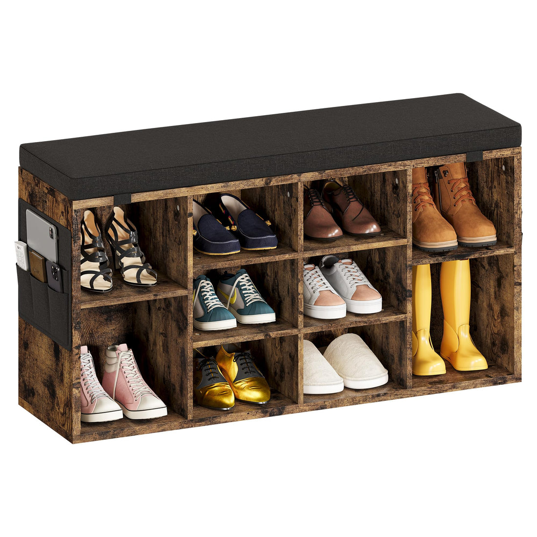 Scarpiera Garvee Bench con cuscino, 3 ripiani regolabili, 10 scomparti, legno robusto, rivestimento lavabile, marrone, 104 cm, per corridoio e camera da letto